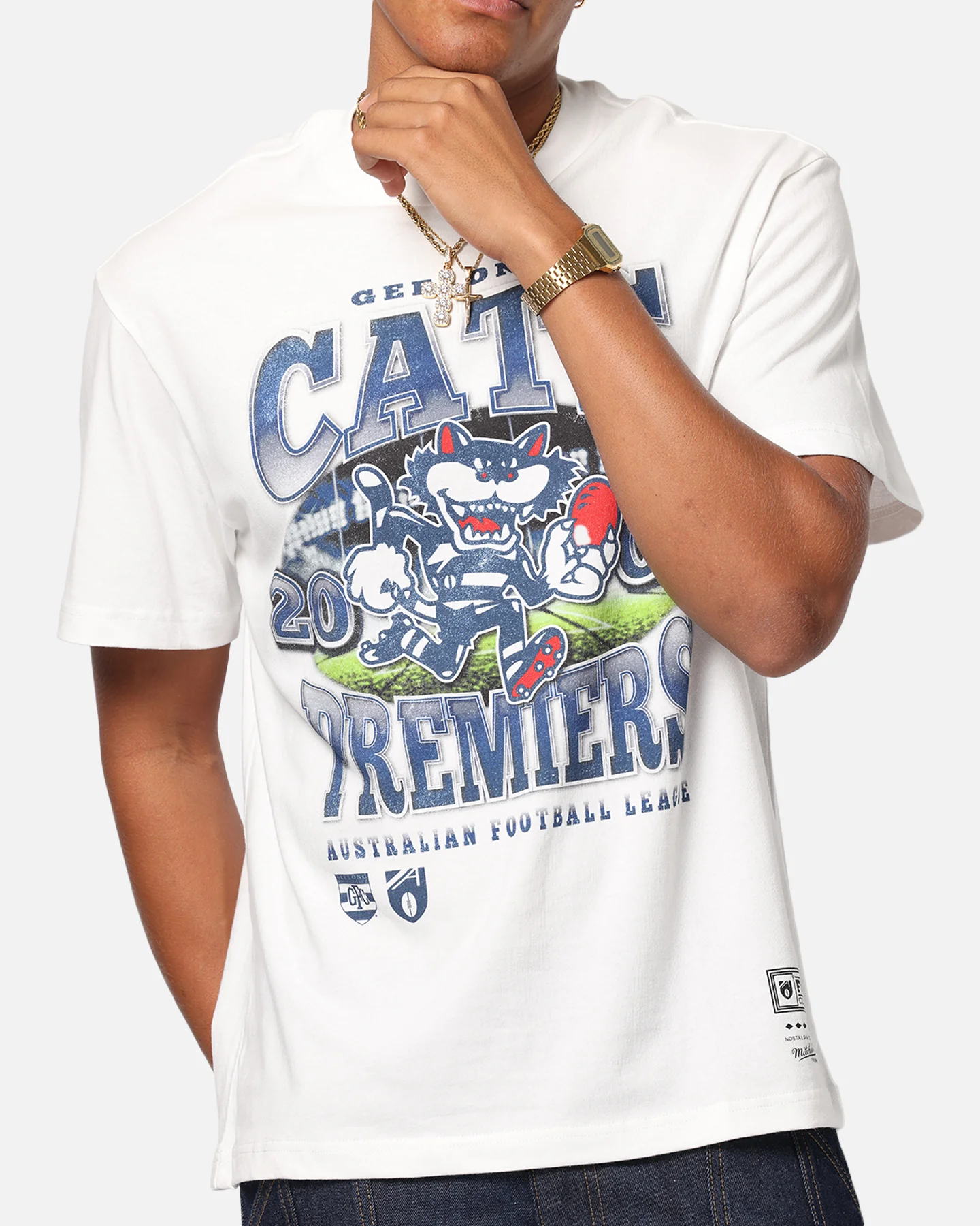 Mitchell & Ness Geelong Cats Mascot T-Shirt Vintage White - Image 6
