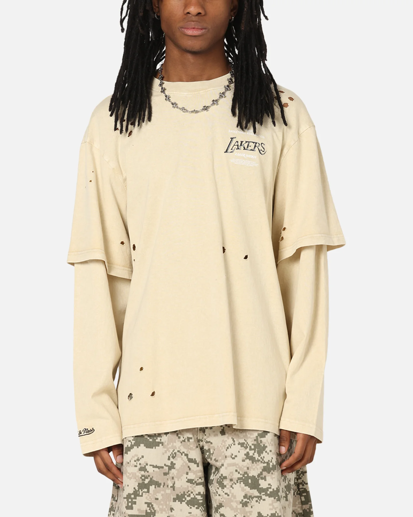 Mitchell & Ness Los Angeles Lakers Chromed Mock Long Sleeve T-Shirt Khaki - Image 2