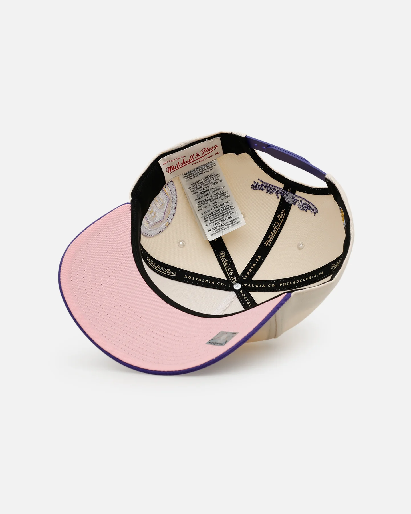 Mitchell & Ness Los Angeles Lakers 'Pink Team Logo' Pro Pinch Snapback Off White - Image 6