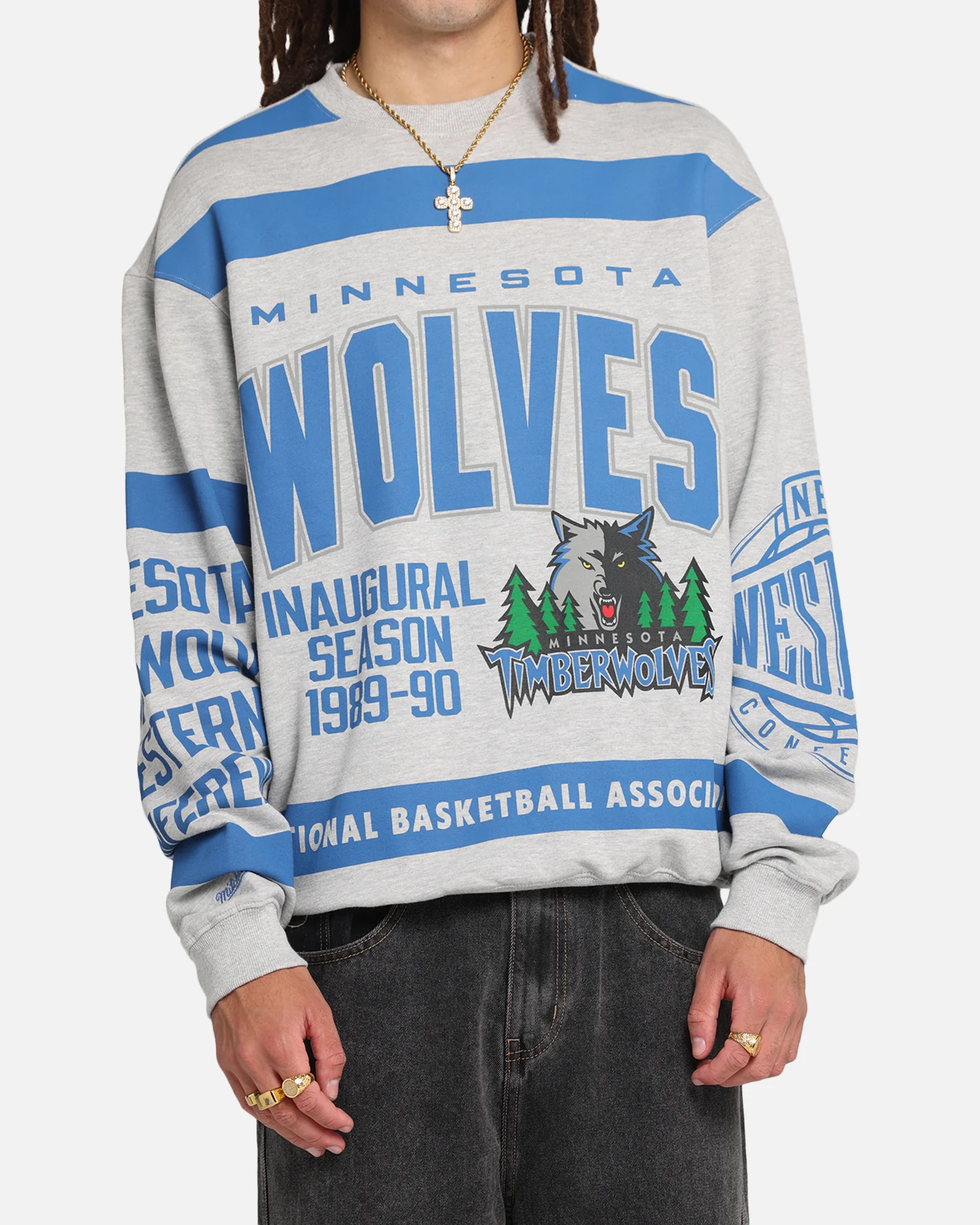 Mitchell & Ness Minnesota Timberwolves Letterform Crewneck Grey Marle/Official Team Color - Image 6