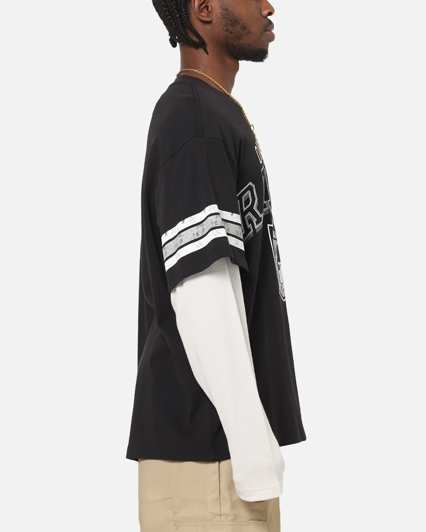 Mitchell & Ness Oakland Raiders Waffle Mock Layer Long Sleeve T-Shirt Black - Image 4