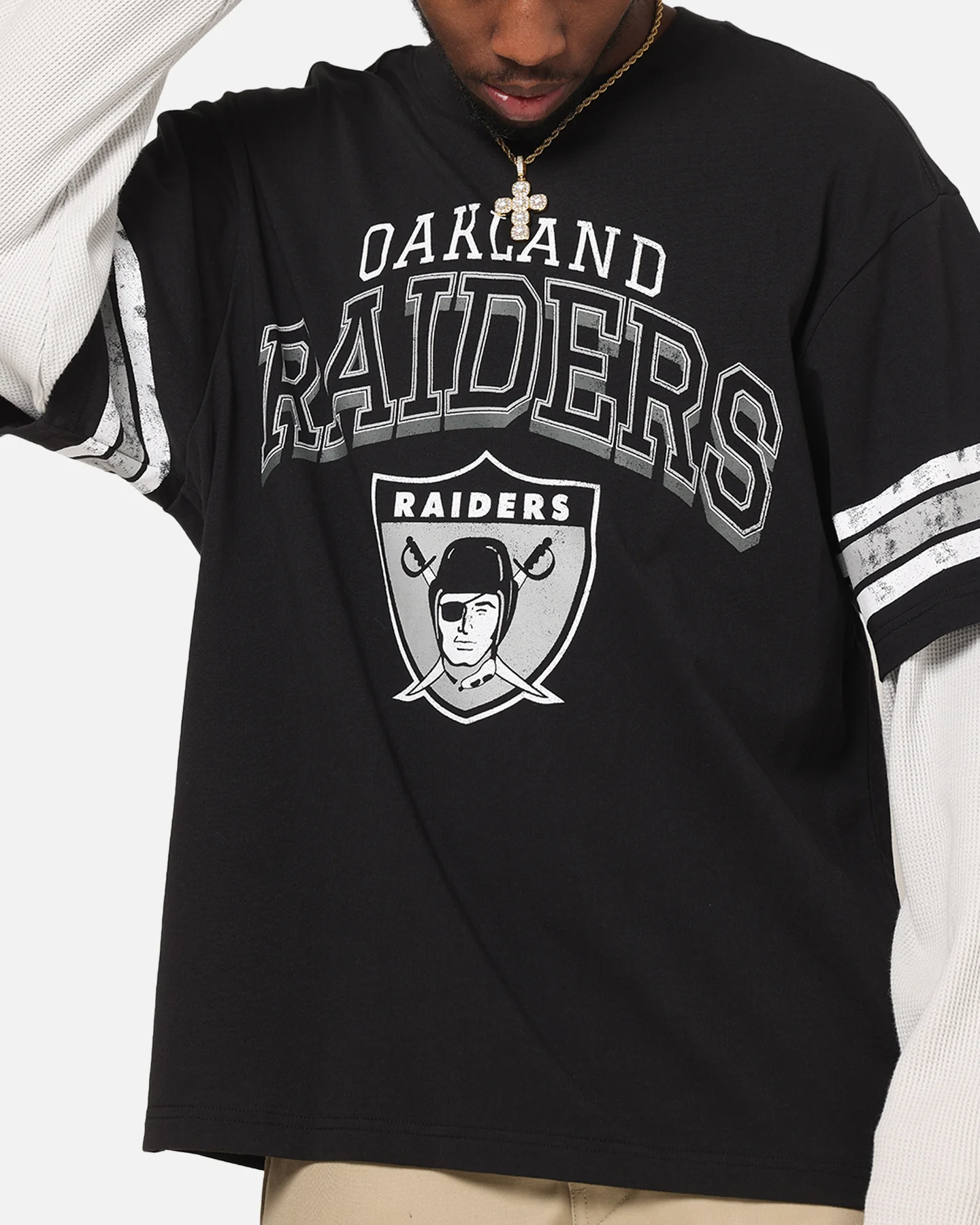Mitchell & Ness Oakland Raiders Waffle Mock Layer Long Sleeve T-Shirt Black - Image 6
