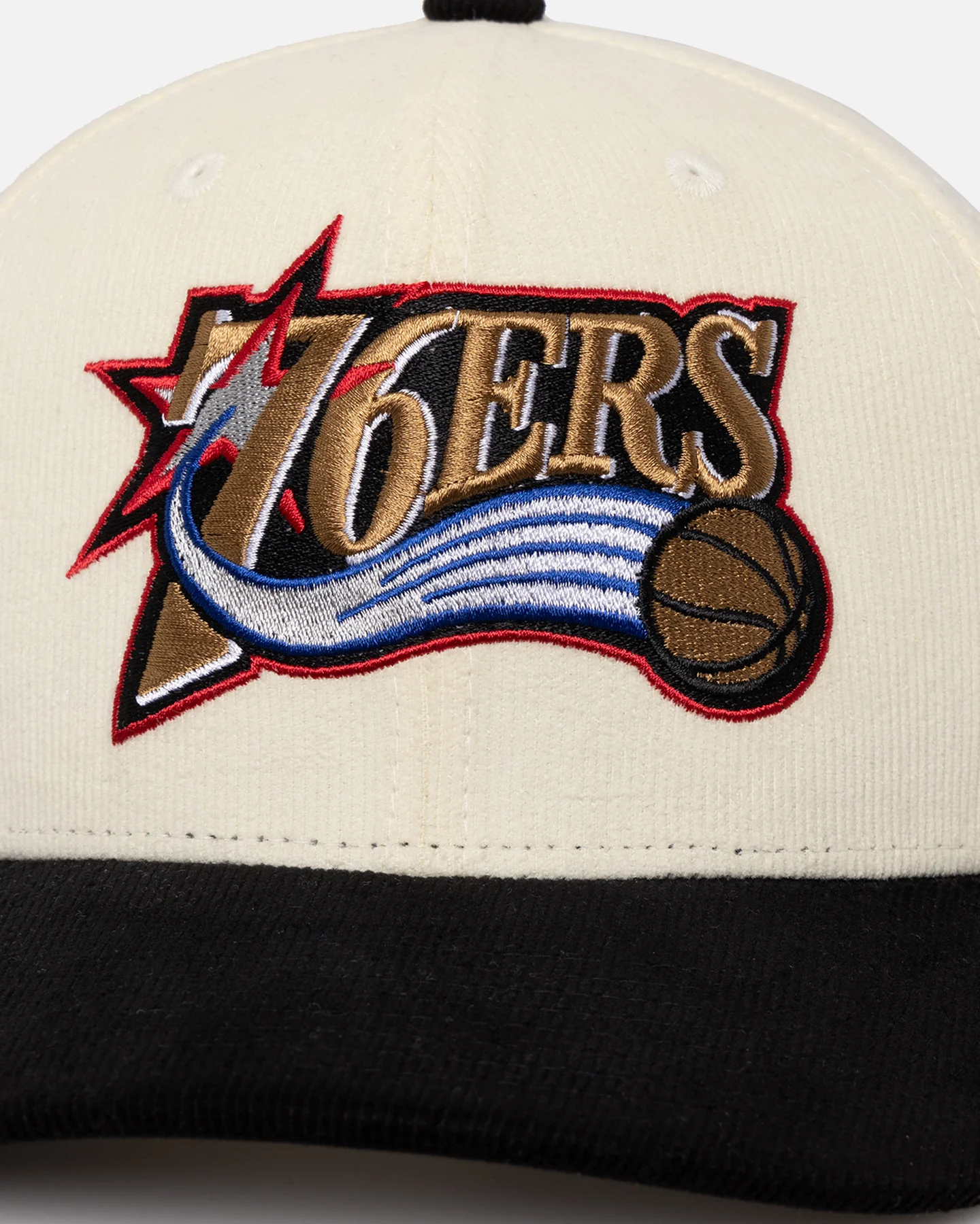 Mitchell & Ness Philadelphia 76ers Go Team Go OG Corduroy Snapback Light Cream/Black - Image 2