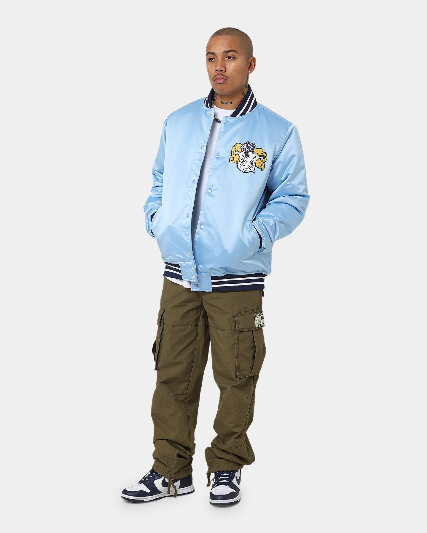 Mitchell & Ness University Of North Carolina Tar Heels Heavyweight Satin Jacket Light Blue - Image 8