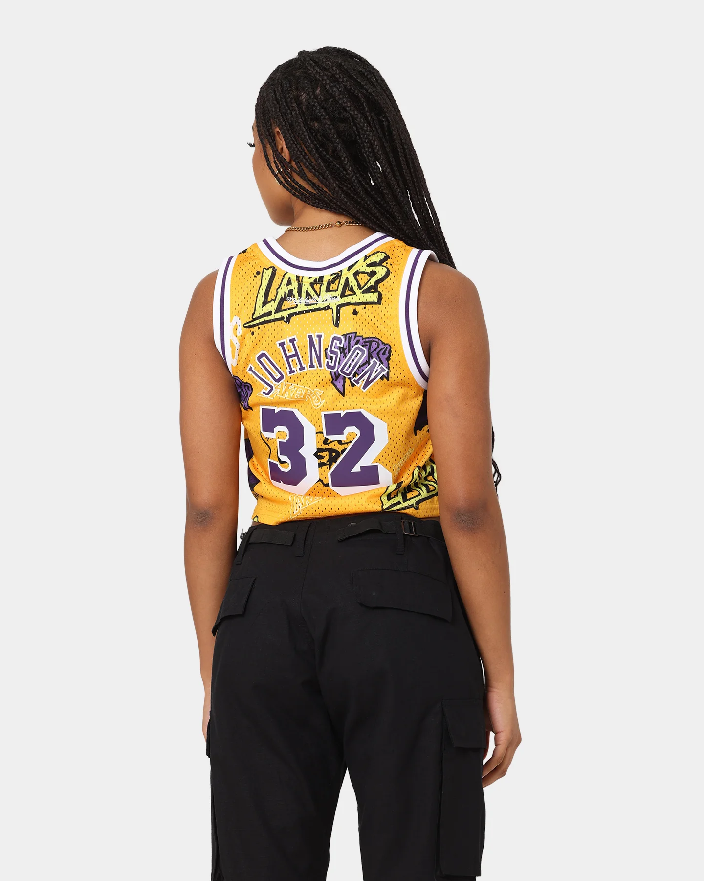 Mitchell & Ness Women's Magic Johnson Los Angeles Lakers Slap Sticker Crop Tank Yellow - Image 2