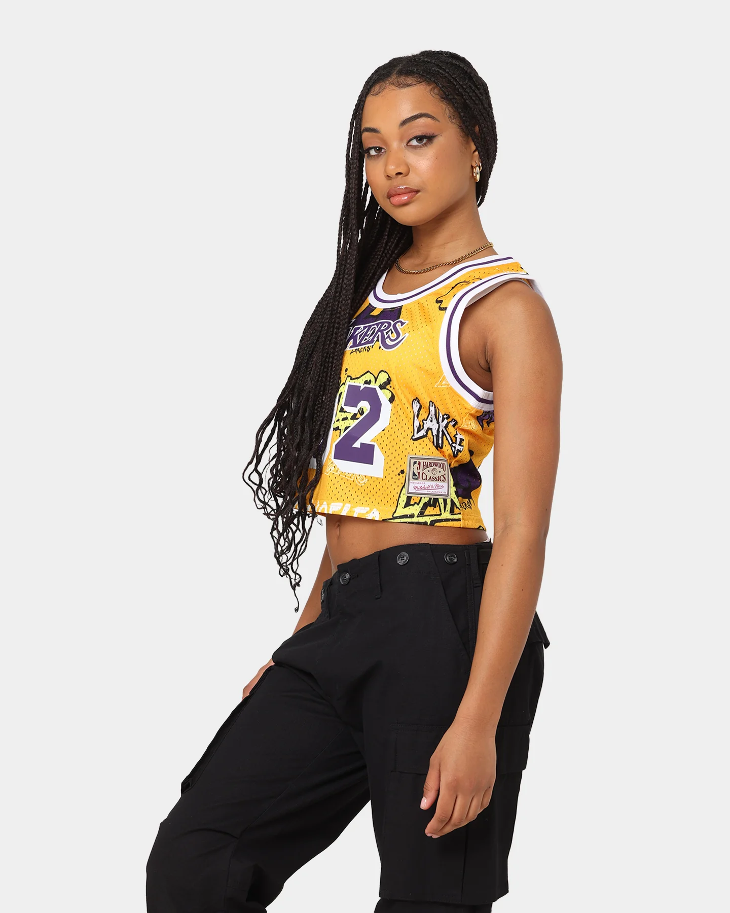 Mitchell & Ness Women's Magic Johnson Los Angeles Lakers Slap Sticker Crop Tank Yellow - Image 7