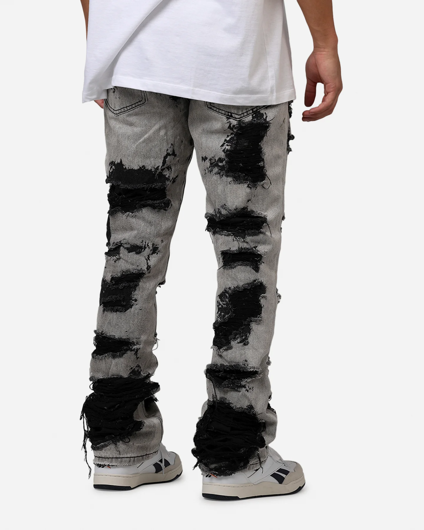 MNML B668 Rock Distress Flare Denim Jeans Light Grey - Image 3