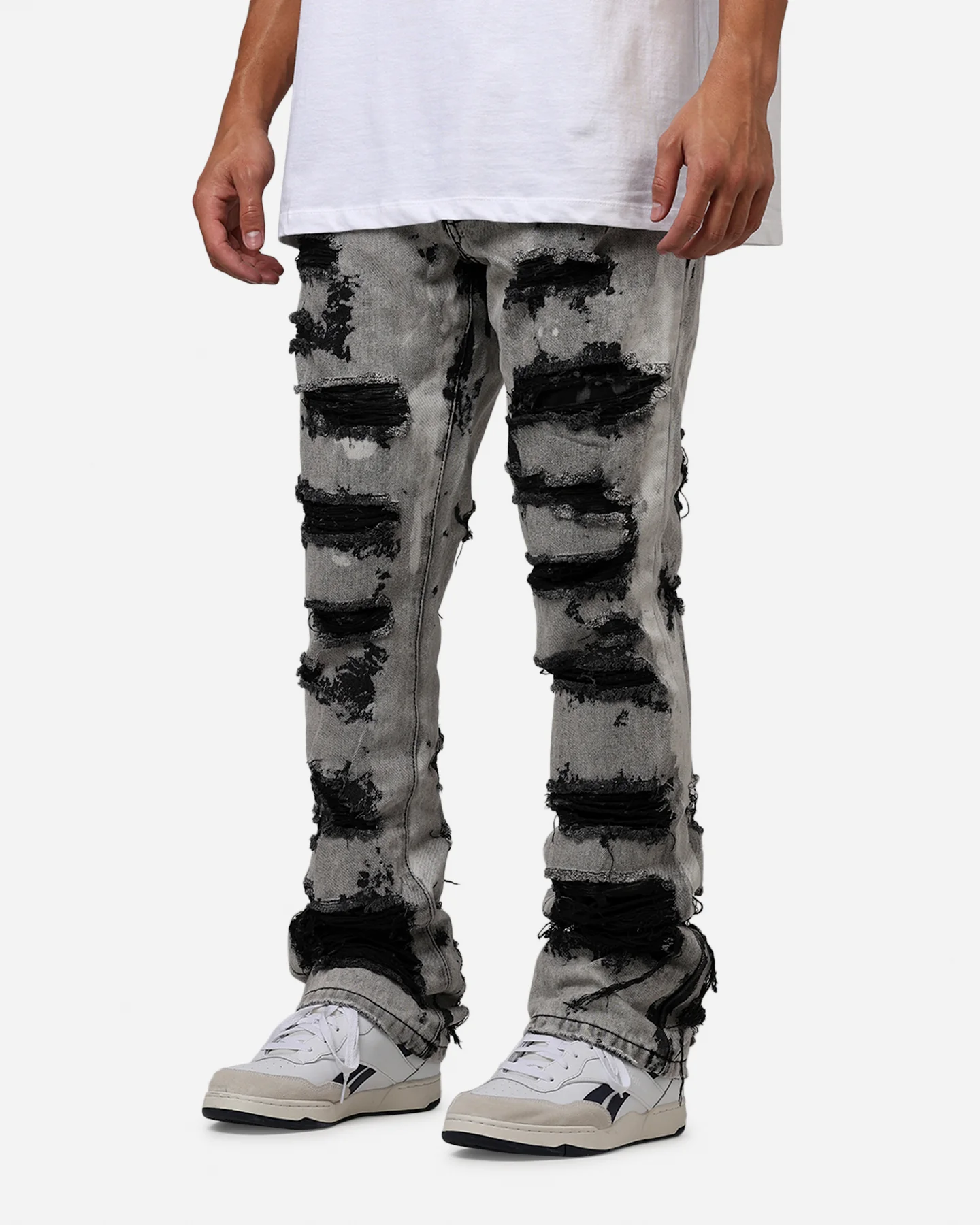 MNML B668 Rock Distress Flare Denim Jeans Light Grey - Image 4