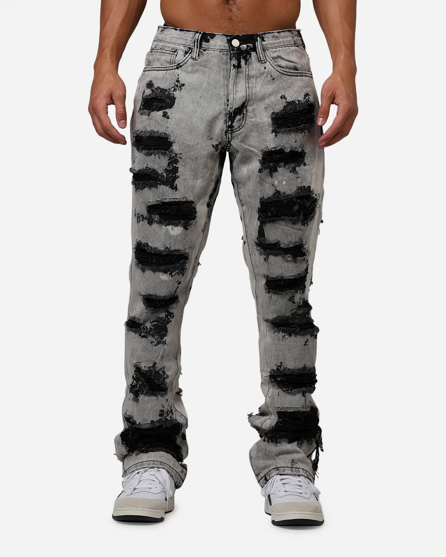 MNML B668 Rock Distress Flare Denim Jeans Light Grey - Image 6