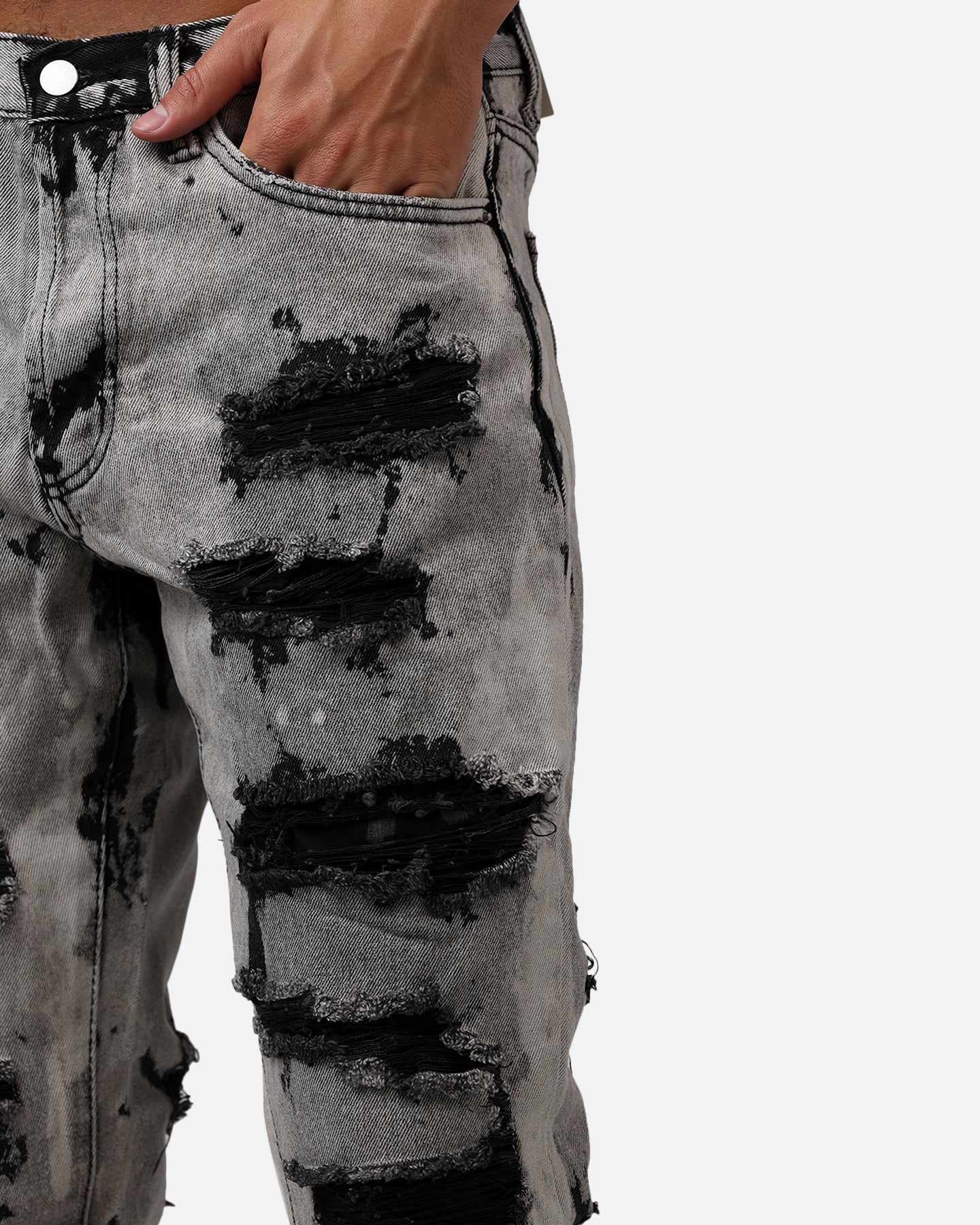 MNML B668 Rock Distress Flare Denim Jeans Light Grey - Image 7