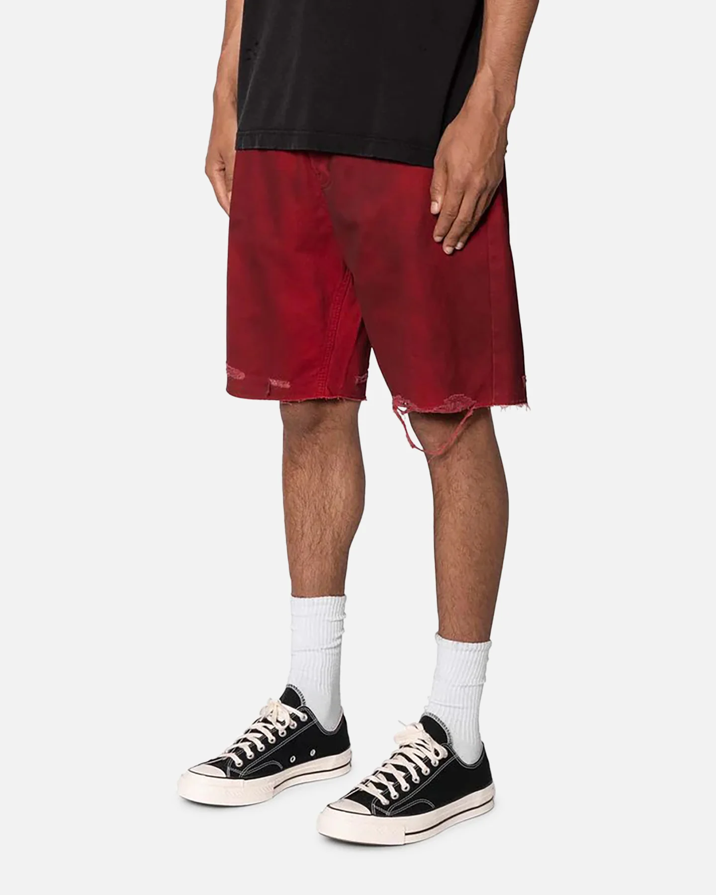 MNML Burnt Distressed Denim Shorts Red - Image 2