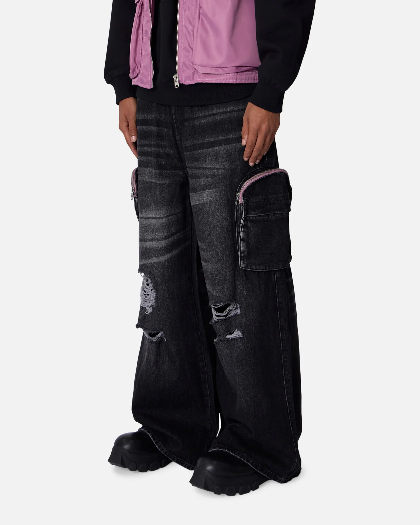 MNML C23 Rave Double Cargo Denim Pants Washed Black - Image 2