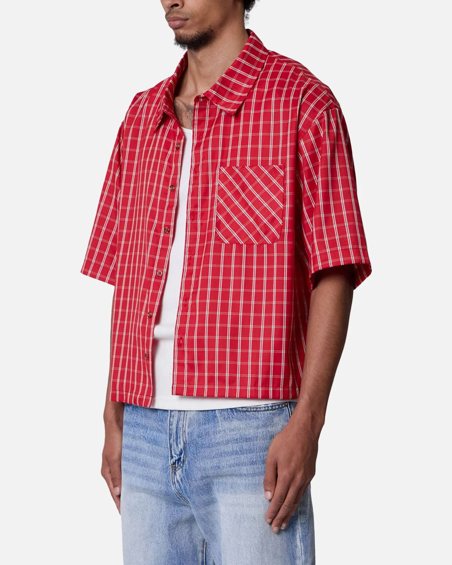 MNML Crispy Poplin Over Button Up Shirt Red Plaid - Image 2