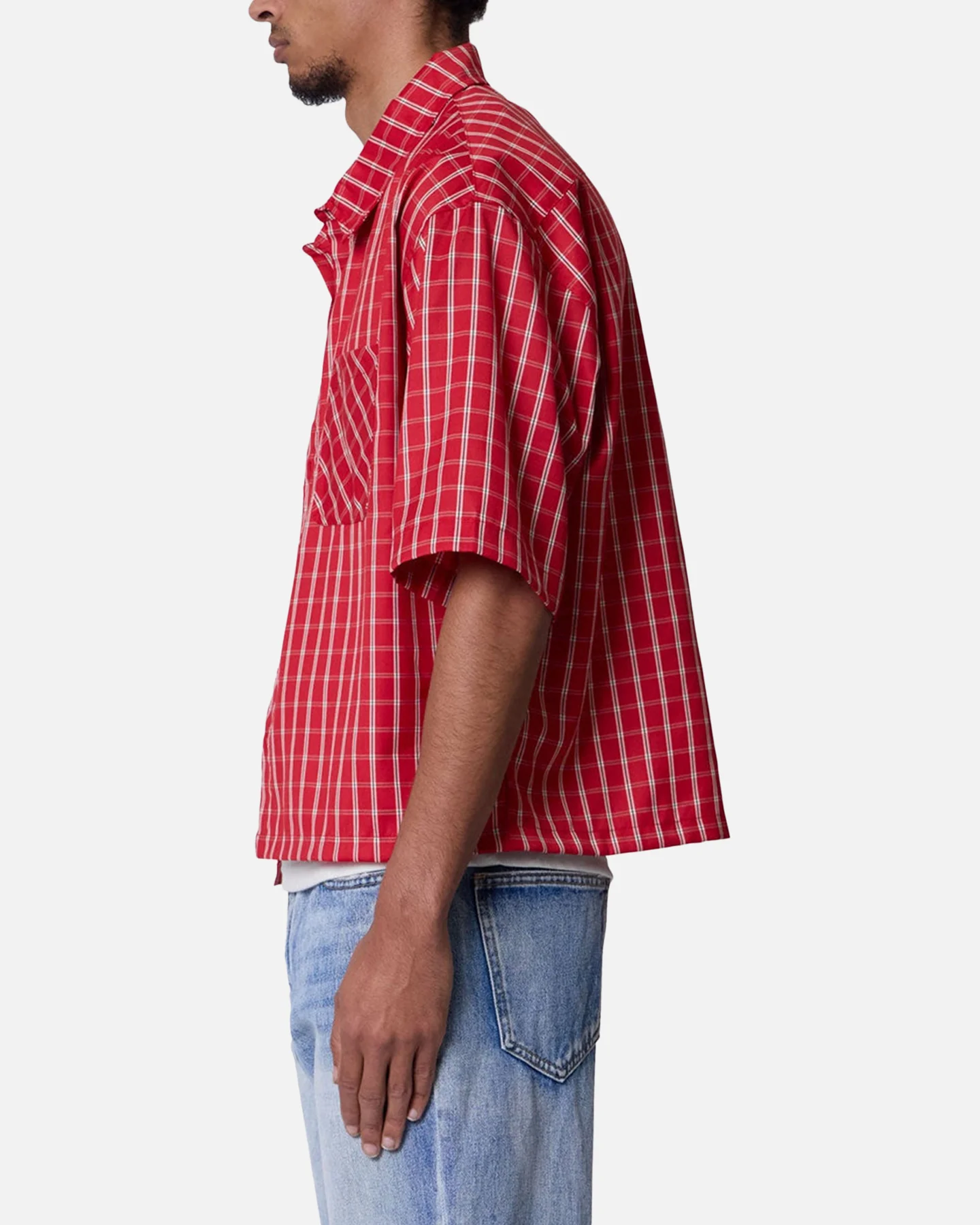 MNML Crispy Poplin Over Button Up Shirt Red Plaid - Image 3