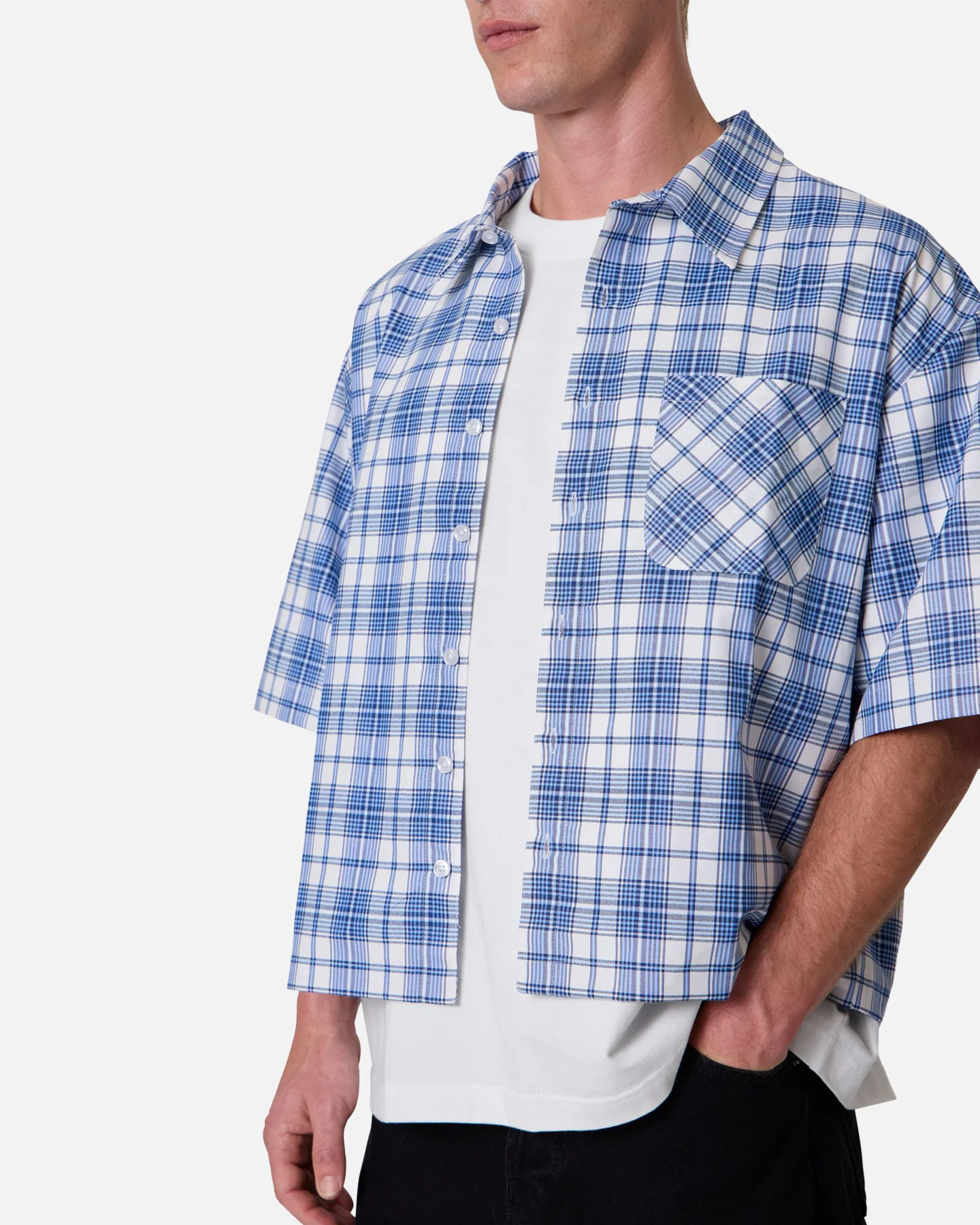 MNML Crop Flannel Short Sleeve Shirt Blue - Image 6
