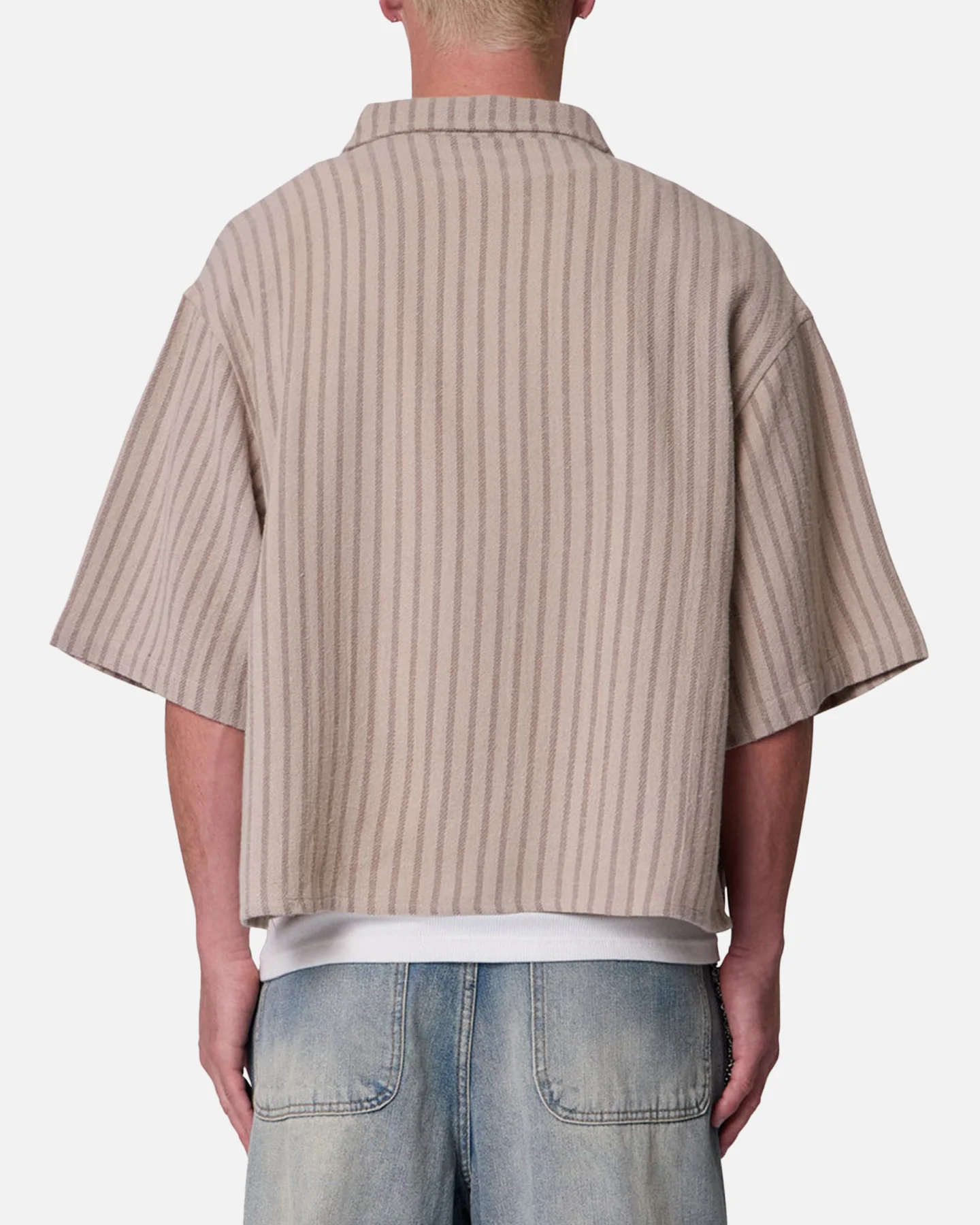 MNML Cropped Boxy Stripe Button Up Shirt Khaki - Image 4