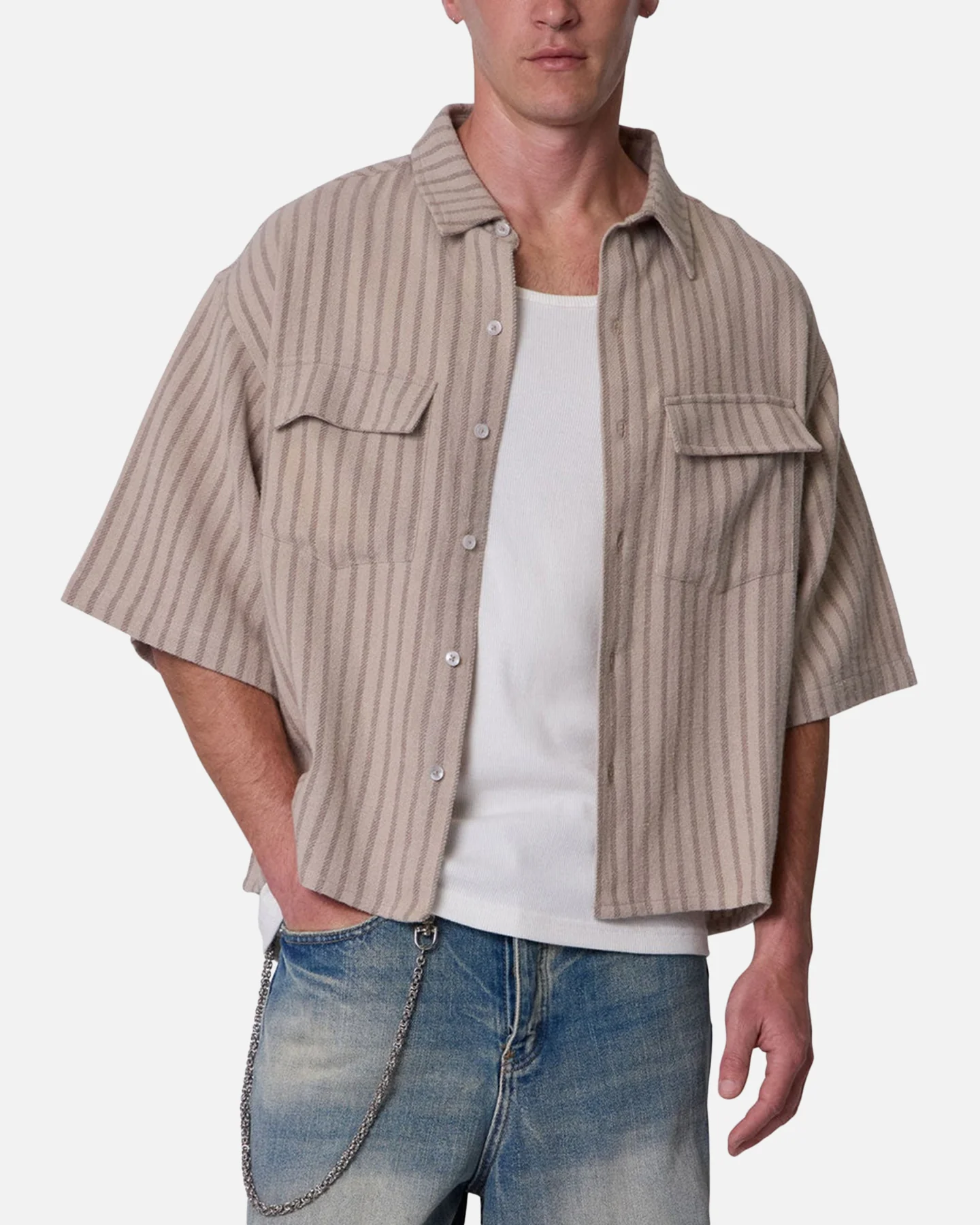 MNML Cropped Boxy Stripe Button Up Shirt Khaki - Image 5