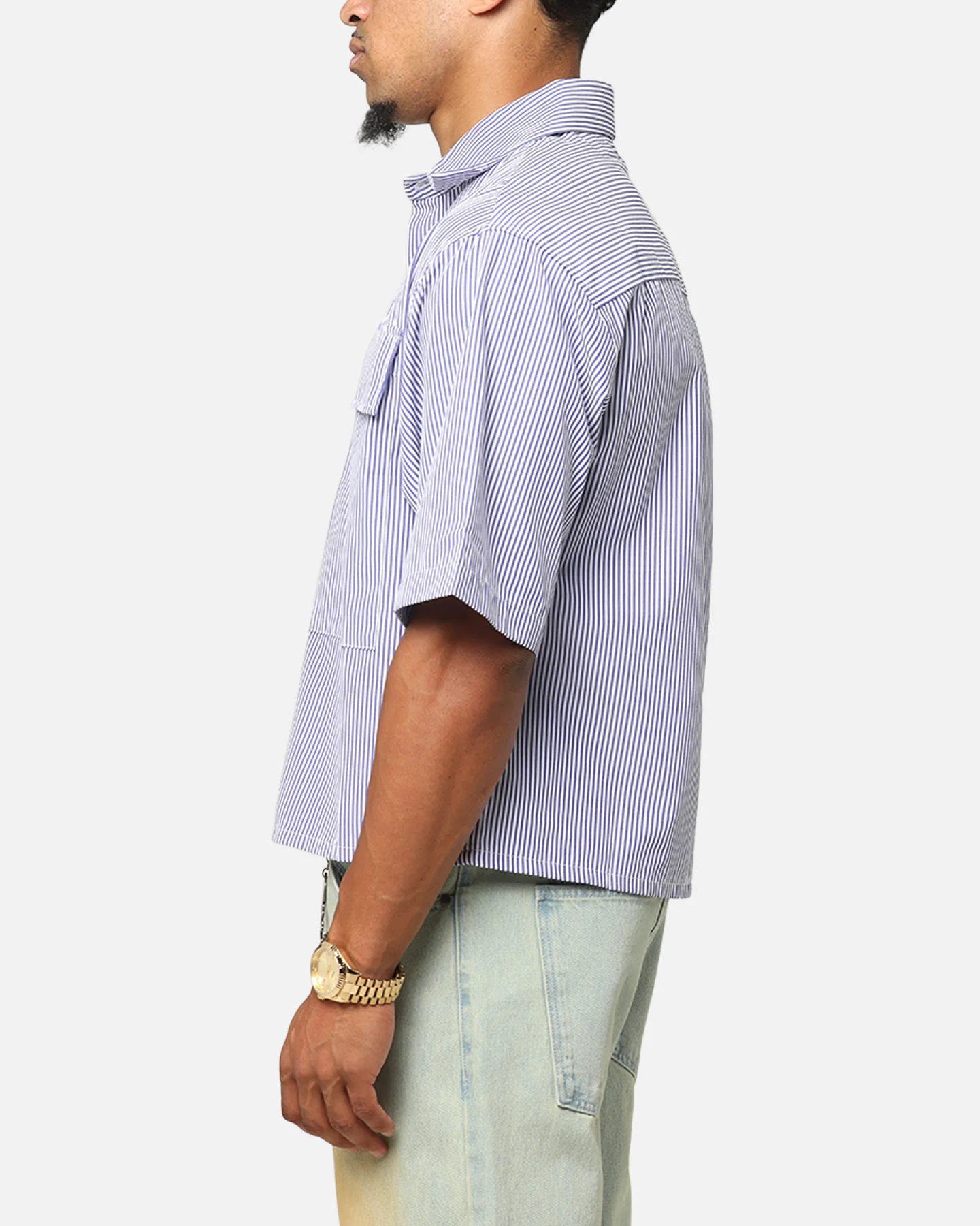 MNML Cropped Striped Short Sleeve Shirt Blue - Image 5