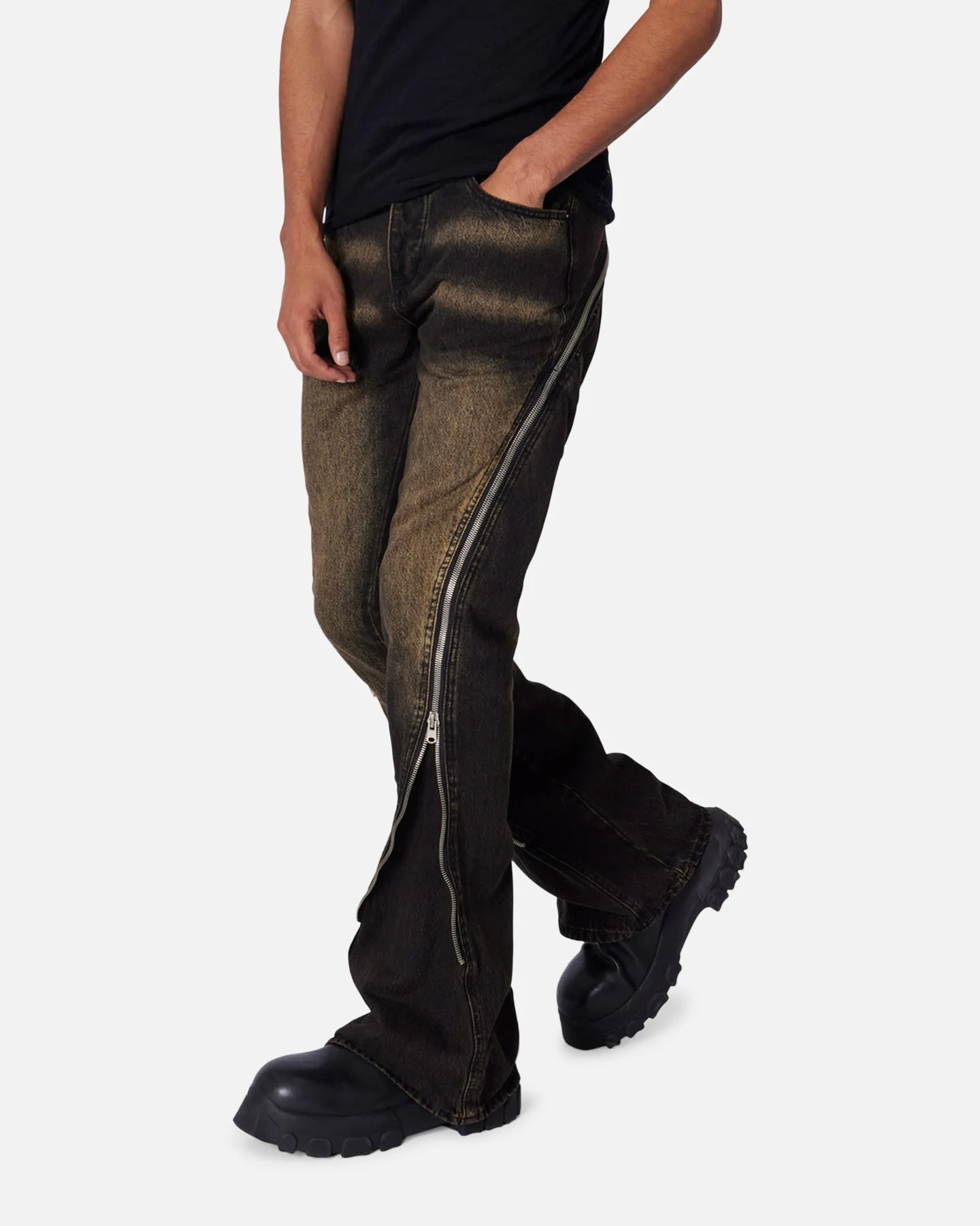 MNML D519 Zipper Flare Denim Jeans Washed Black - Image 5