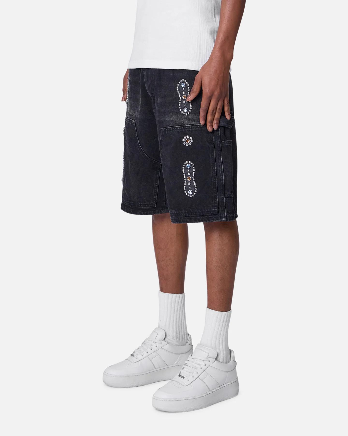 MNML Double Western Jewel Denim Shorts Washed Black - Image 2
