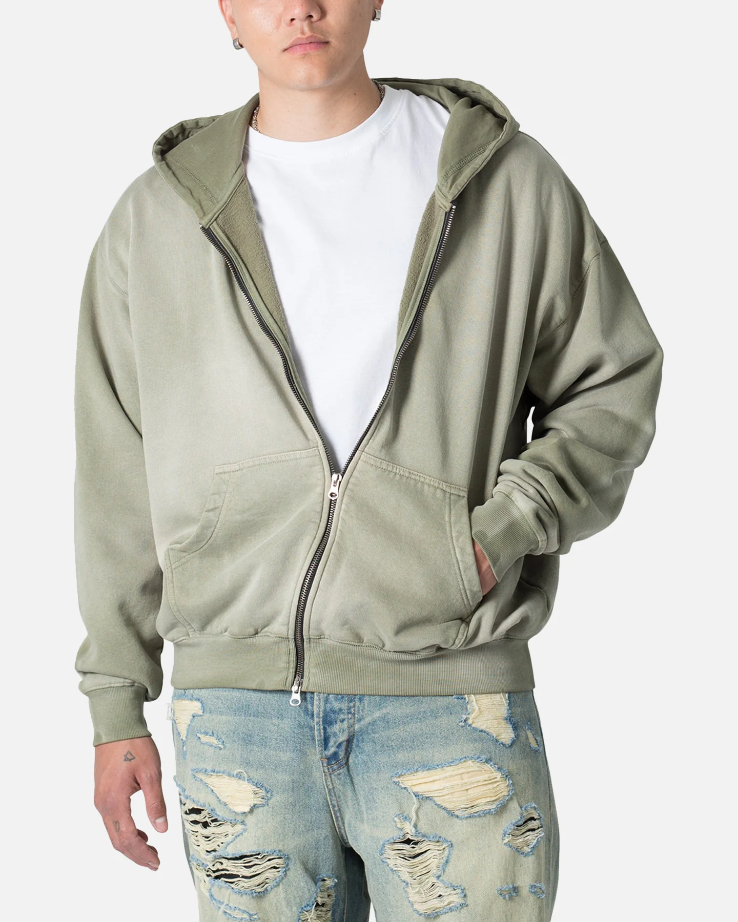 MNML Faded Basic Zip Up Hoodie Washed Olive - Image 5