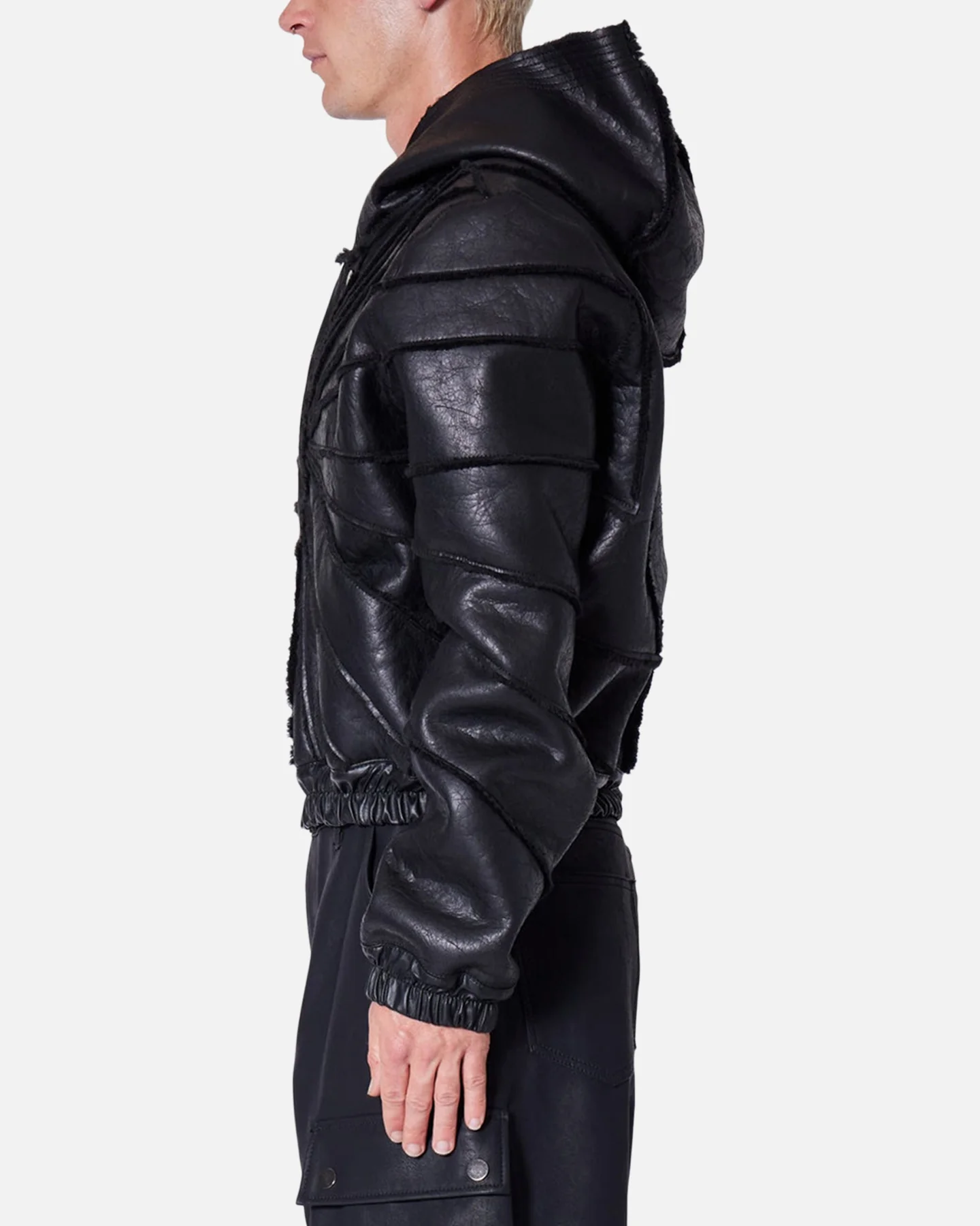 MNML Leather Web Cropped Zip Up Hoodie Black - Image 3