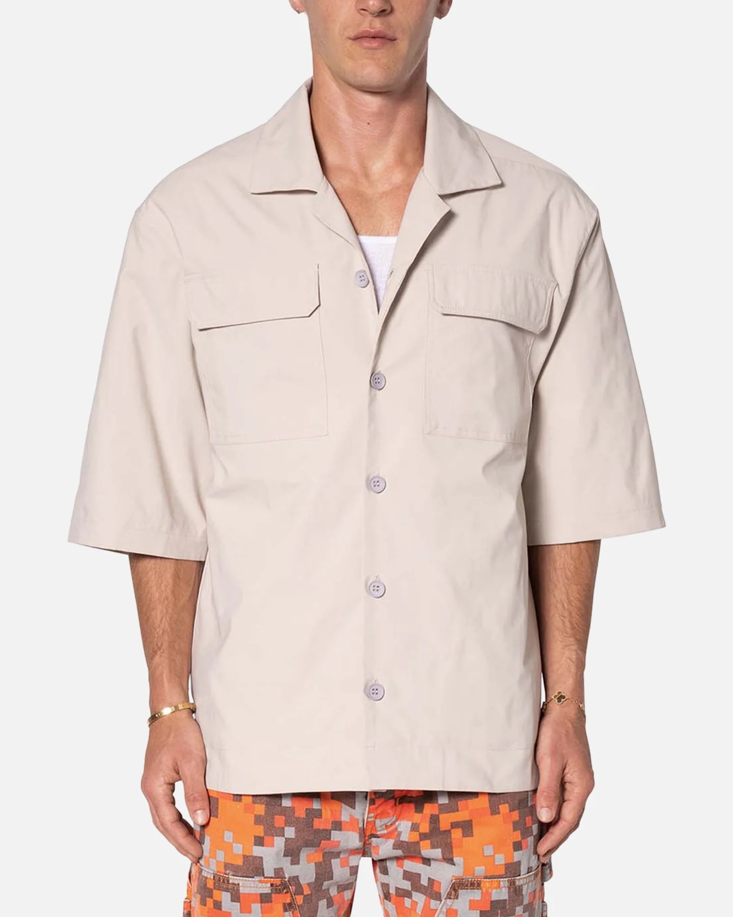MNML Lined Woven Nylon Button Up Shirt Stone