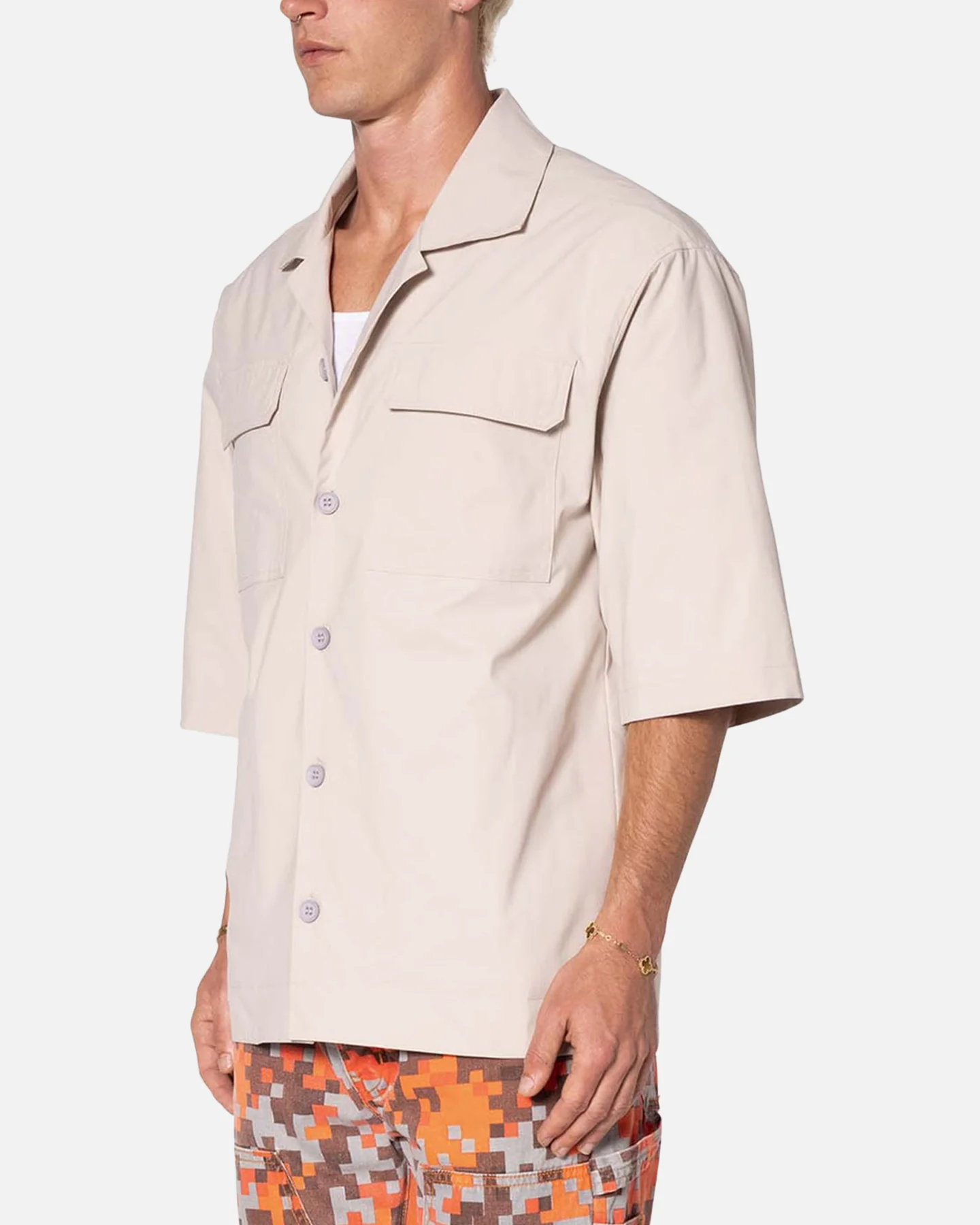 MNML Lined Woven Nylon Button Up Shirt Stone - Image 2