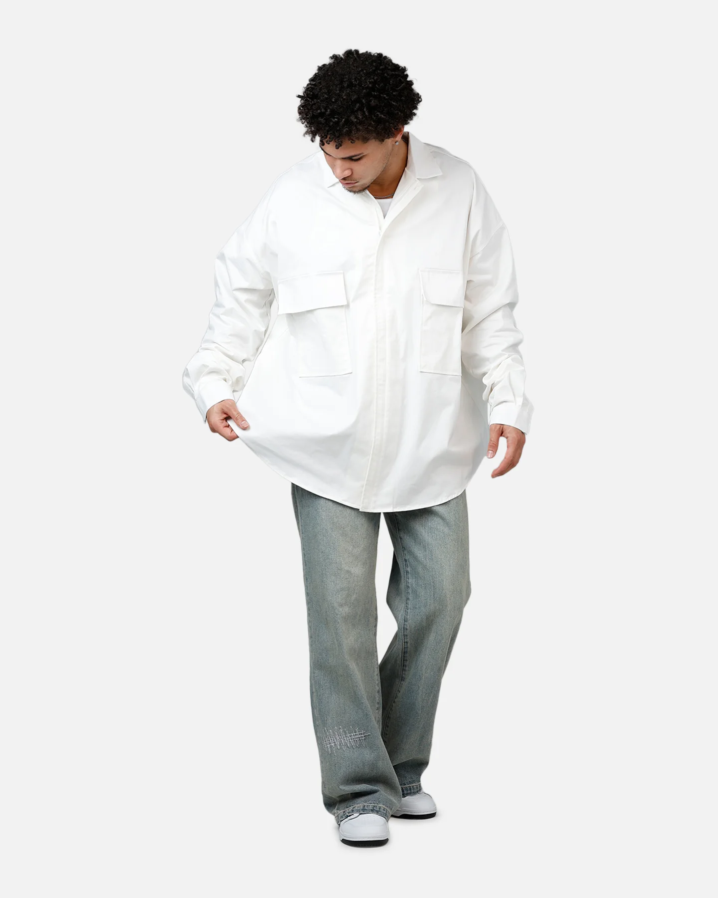 MNML Oversized Cotton Button Up Shirt White - Image 3