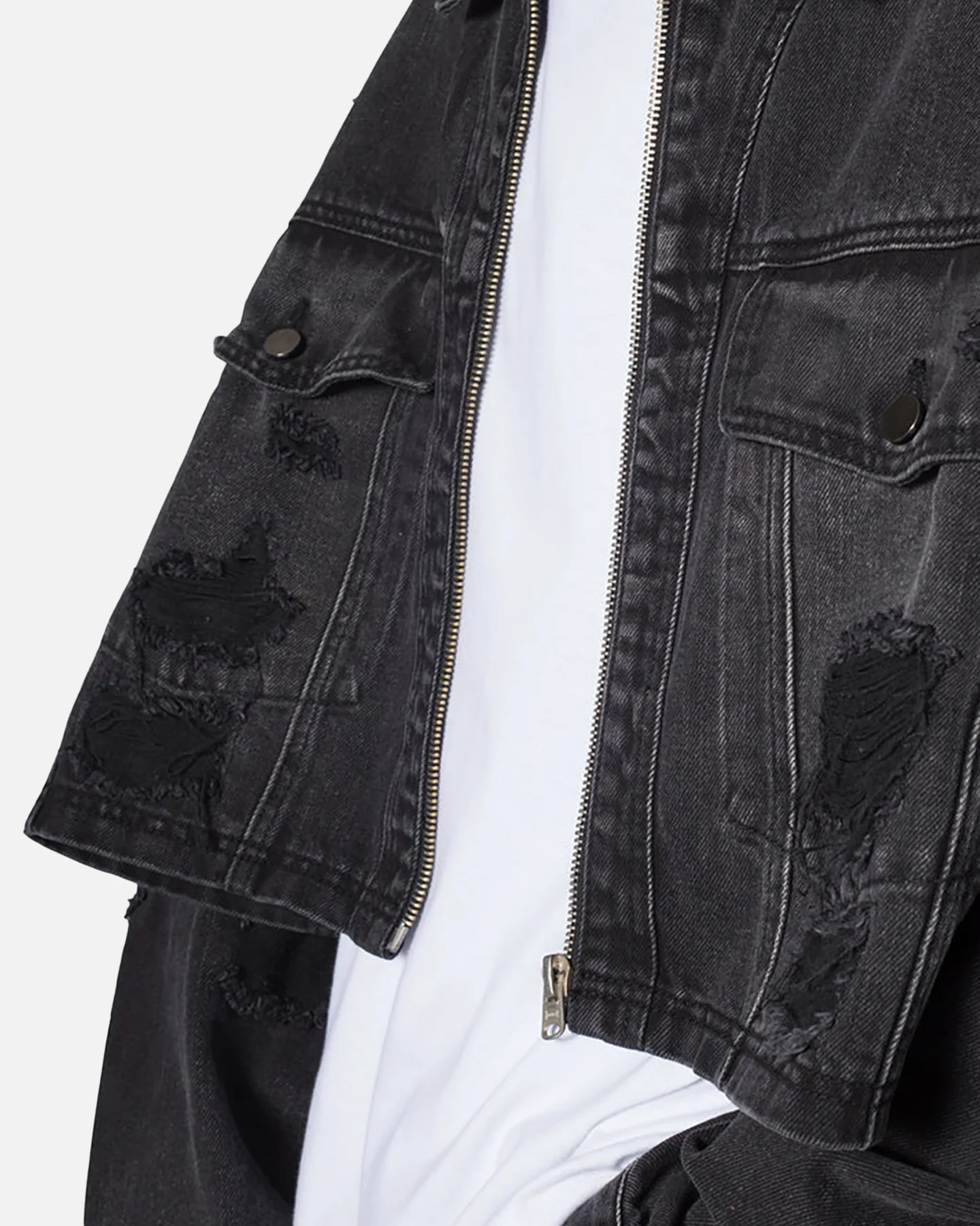 MNML Oversized Ripped Cropped Denim Jacket Washed Black - Image 6