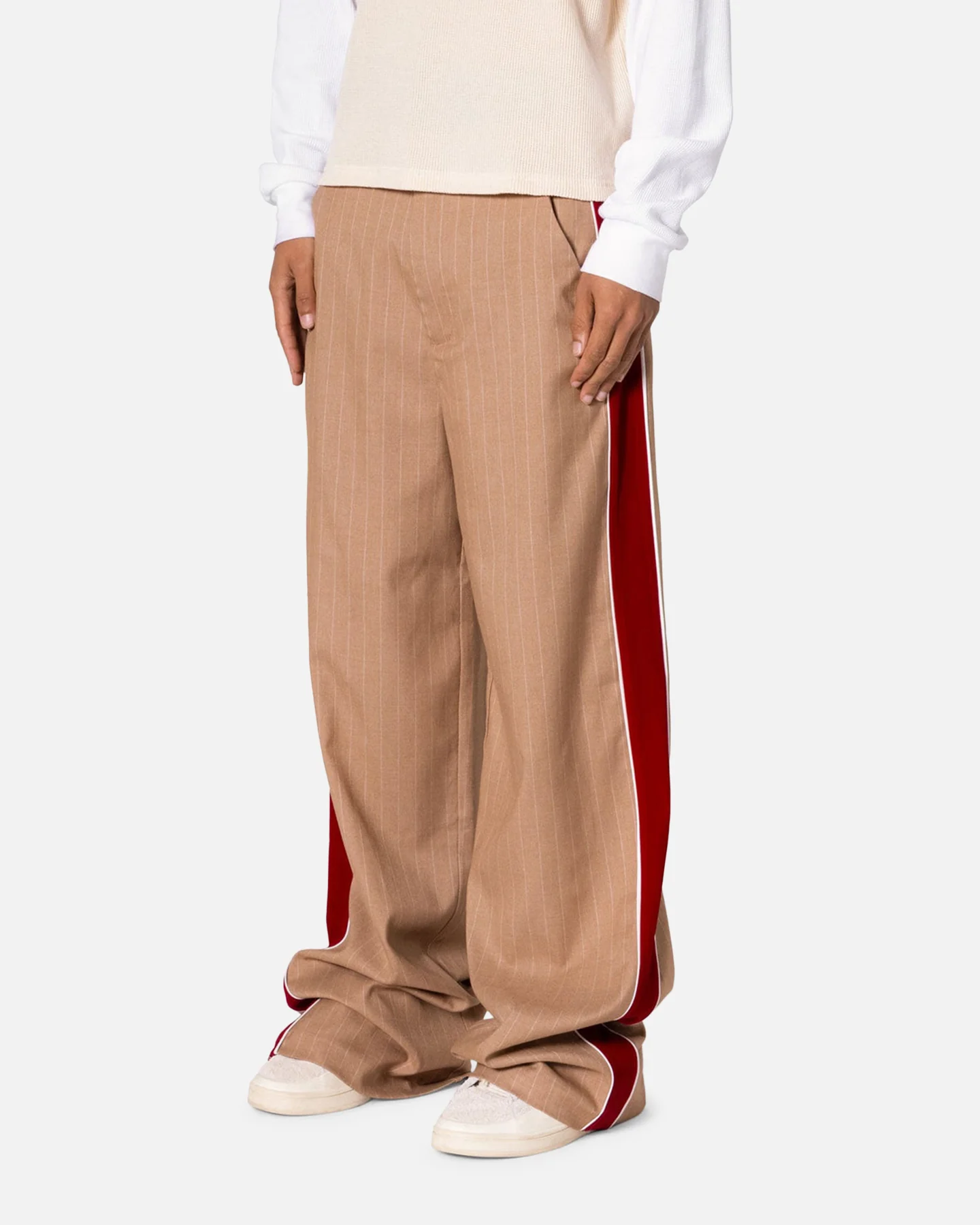 MNML Pinstripe Velvet Trim Pants Tan - Image 2
