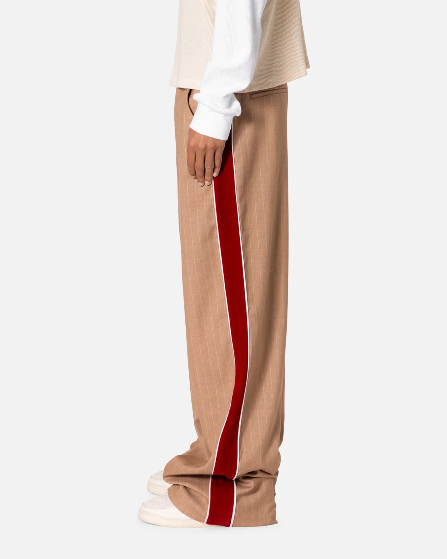 MNML Pinstripe Velvet Trim Pants Tan - Image 3