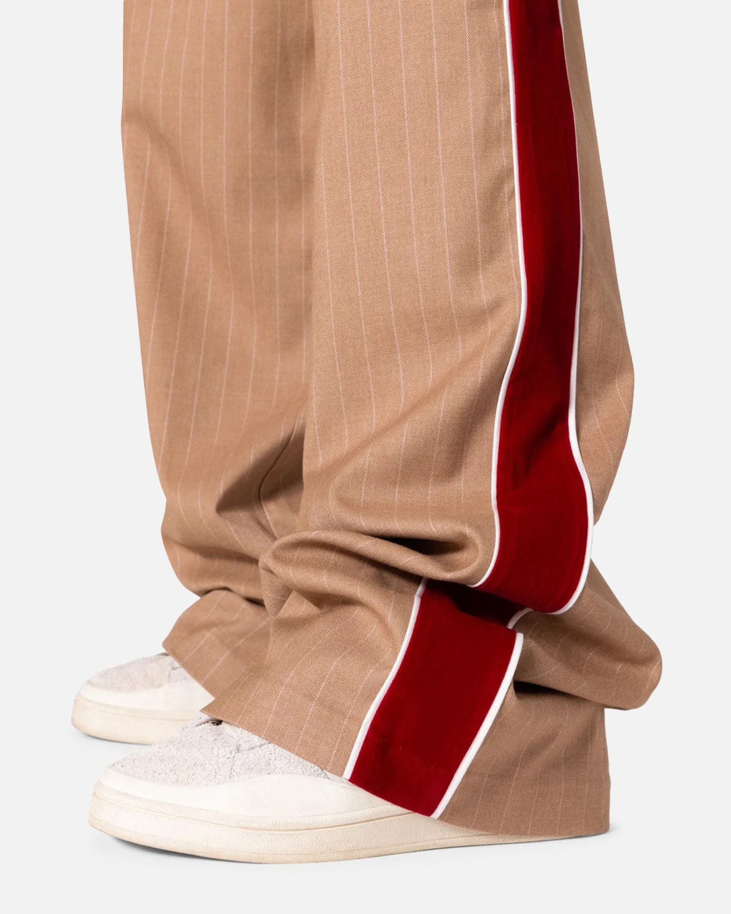 MNML Pinstripe Velvet Trim Pants Tan - Image 6