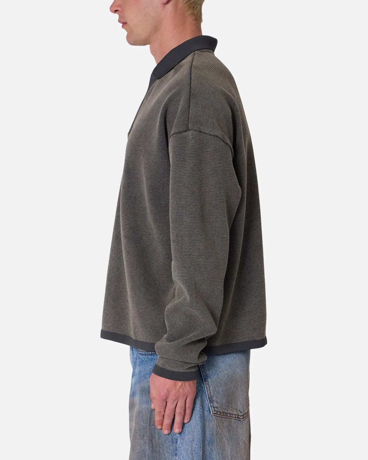 MNML Polo Thermal Long Sleeve T-Shirt Charcoal Grey - Image 3