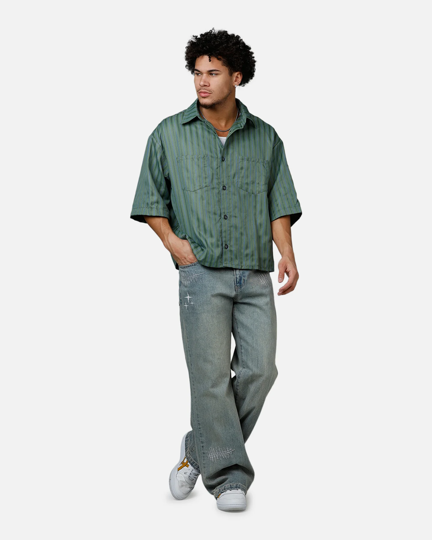MNML Strip One Pocket Pajama Shirt Green - Image 3
