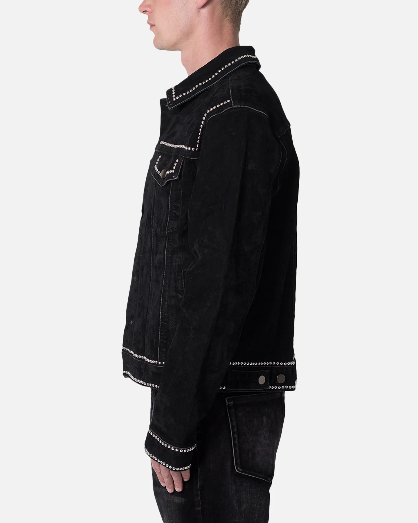 MNML Studded Suede Denim Jacket Black - Image 3