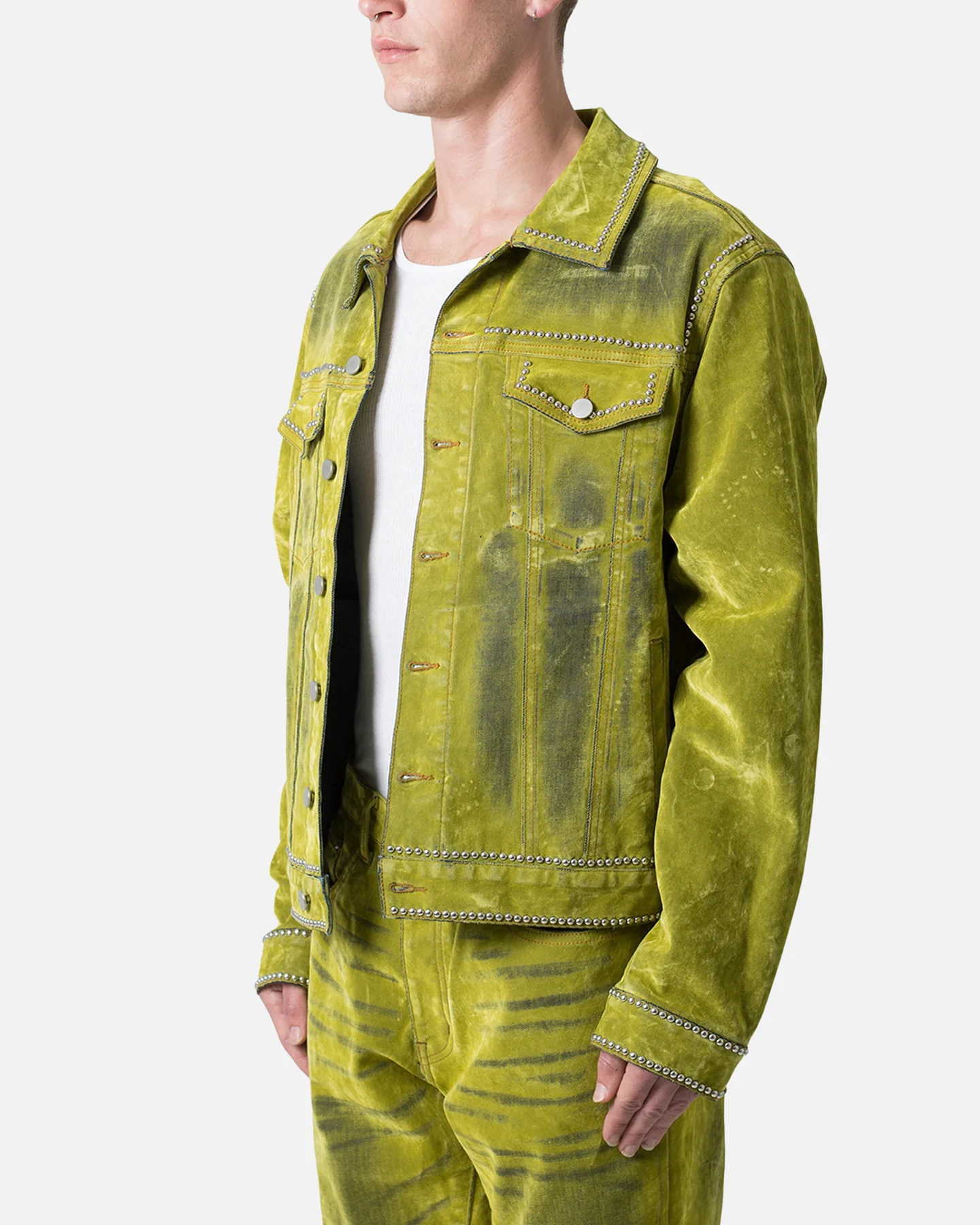 MNML Studded Suede Denim Jacket Green - Image 2