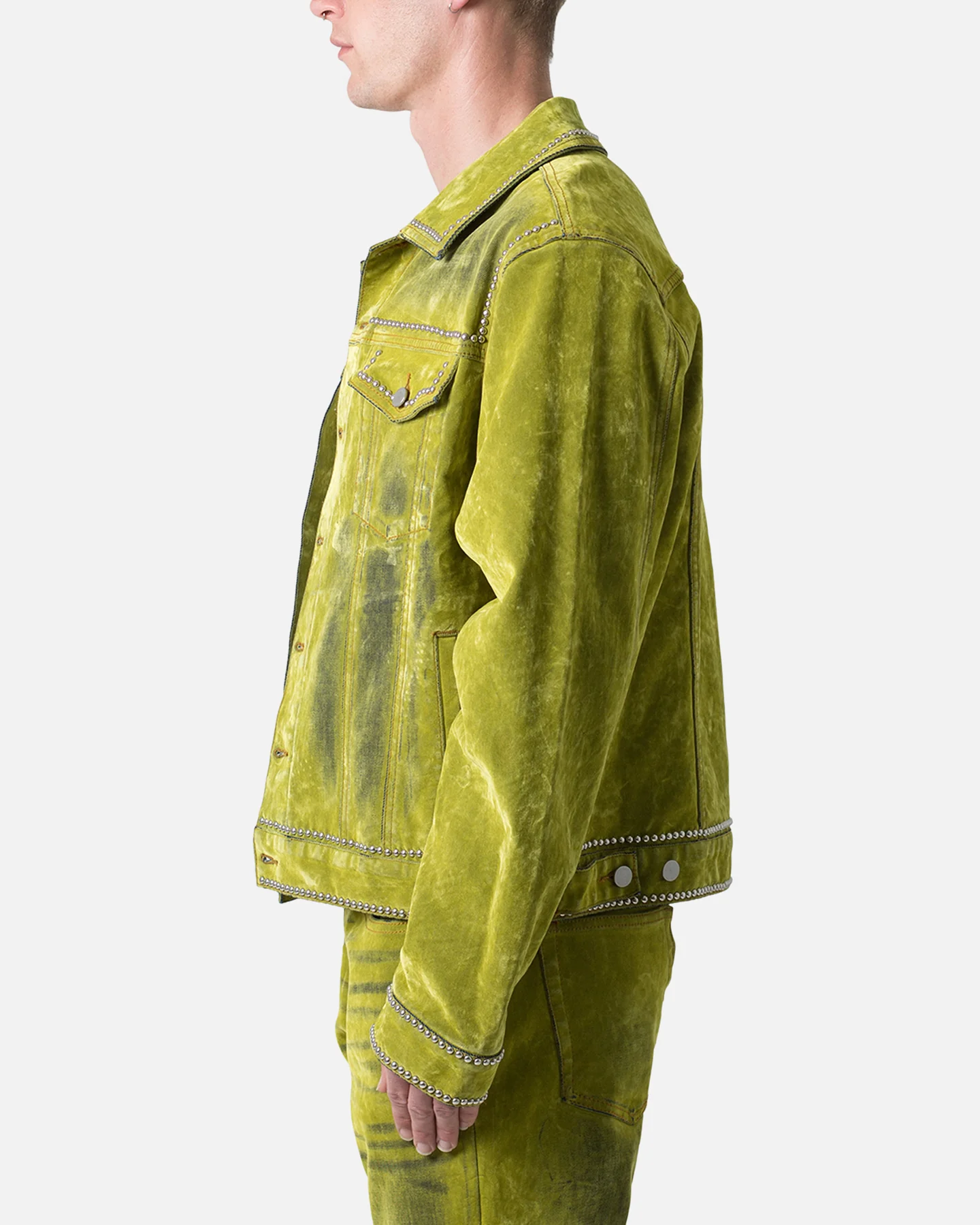 MNML Studded Suede Denim Jacket Green - Image 4