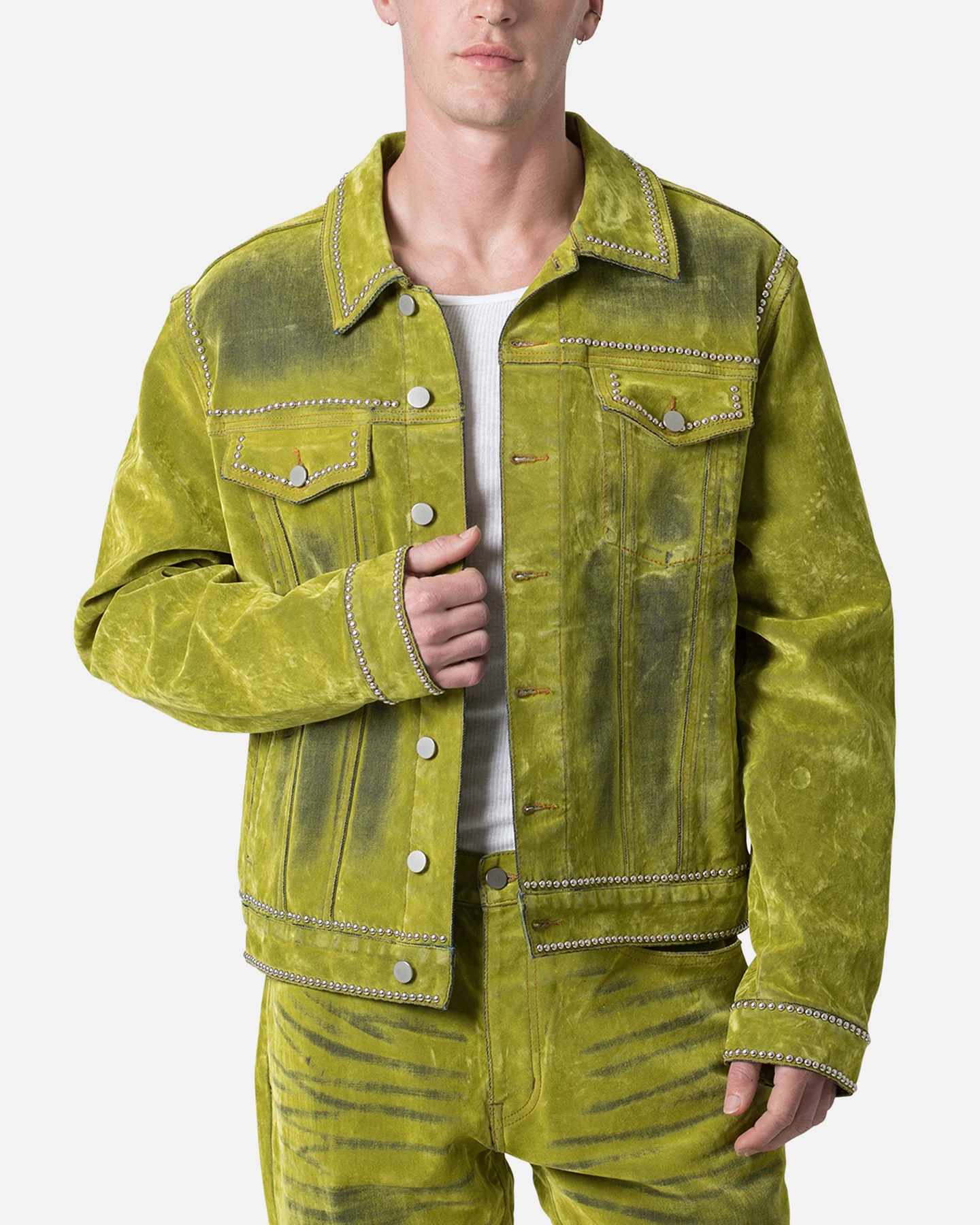 MNML Studded Suede Denim Jacket Green - Image 6
