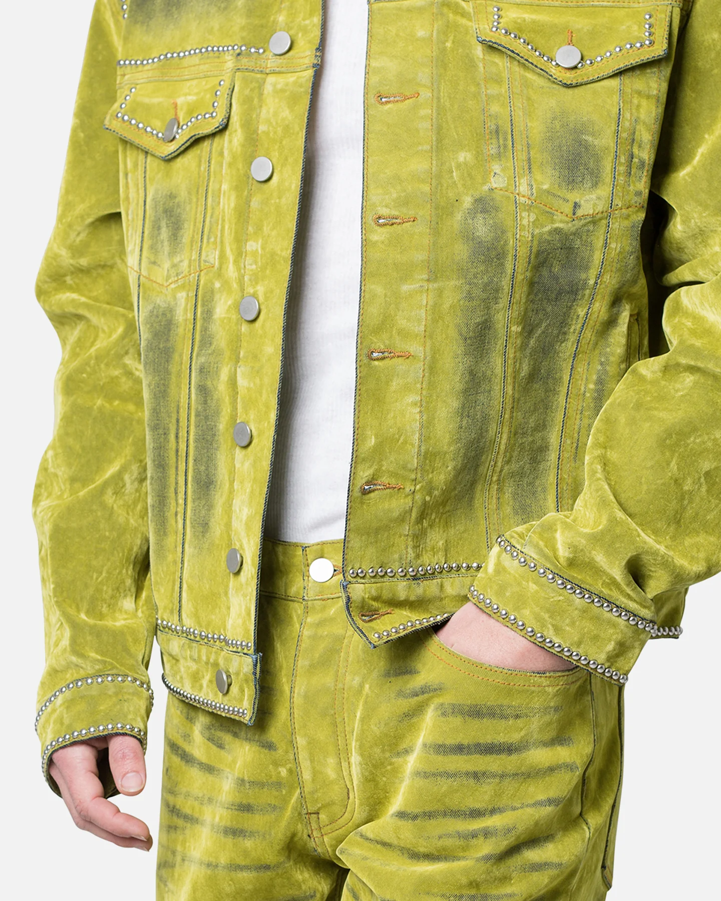 MNML Studded Suede Denim Jacket Green - Image 8