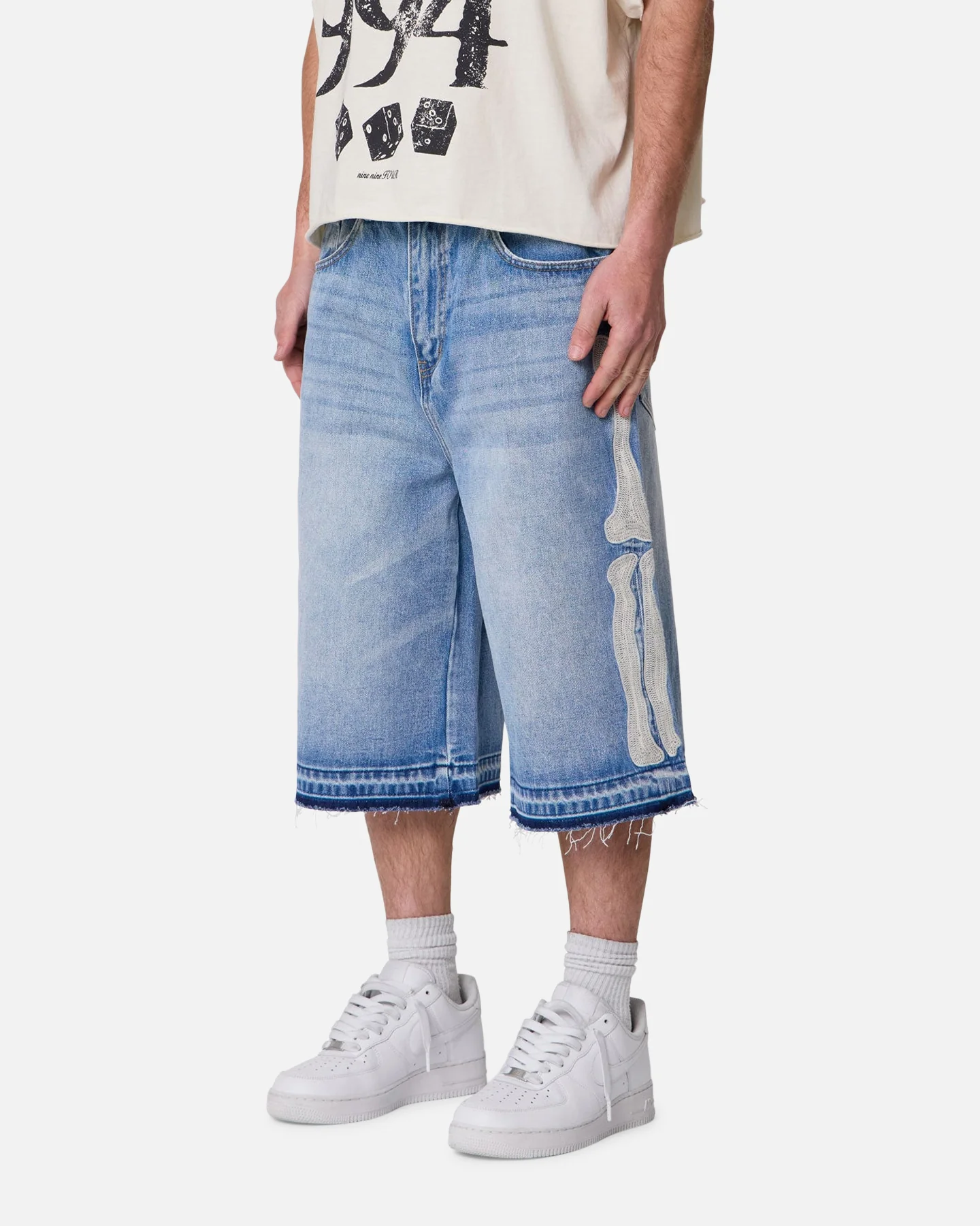 MNML Ultra Baggy Bone Denim Shorts Blue - Image 3