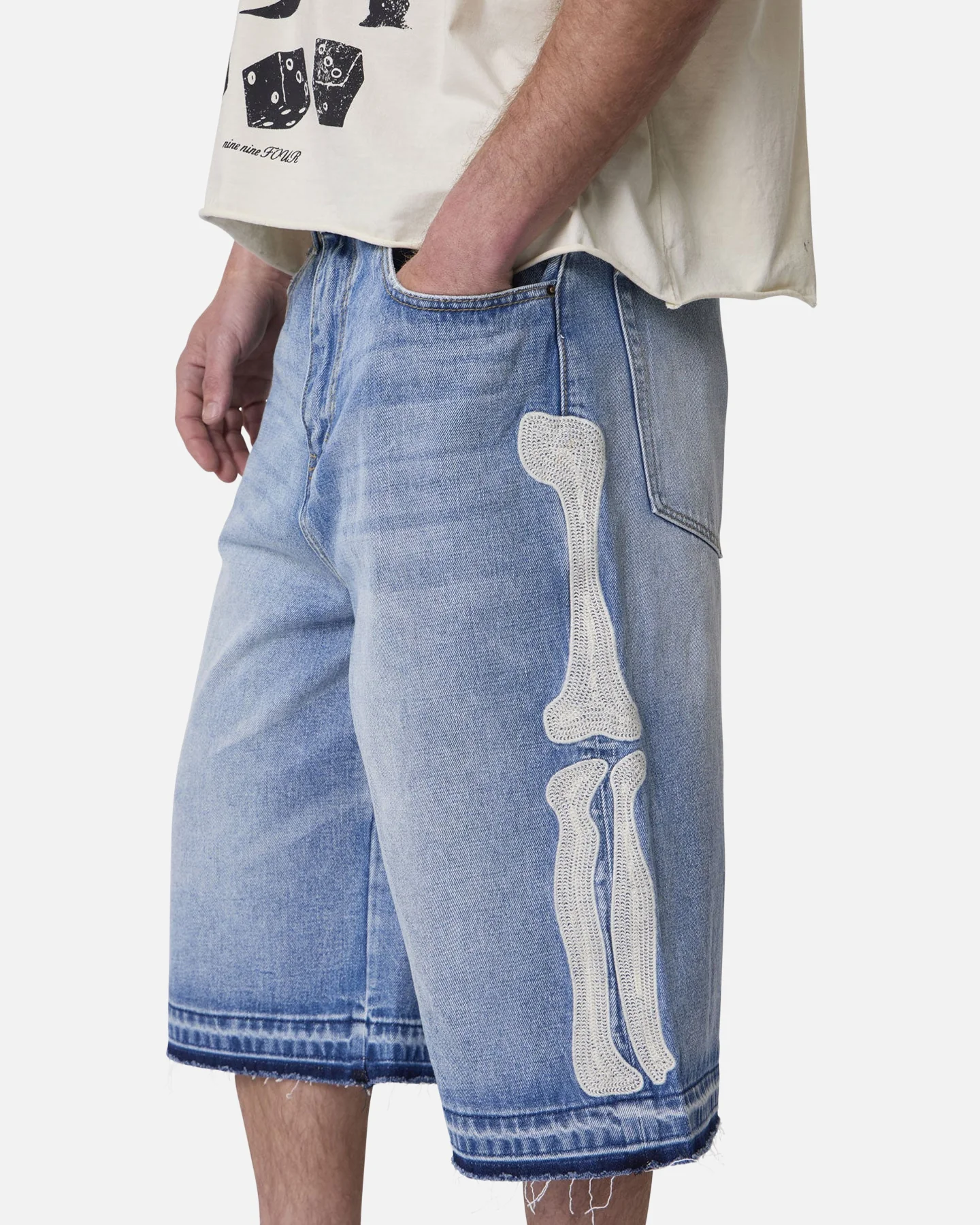 MNML Ultra Baggy Bone Denim Shorts Blue - Image 6
