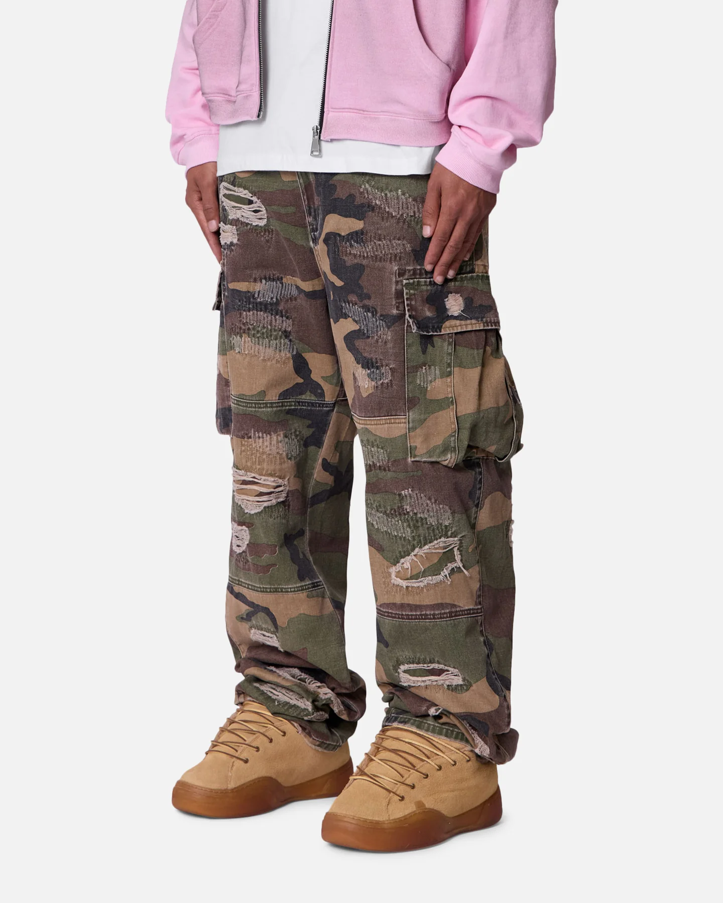 MNML Ultra Baggy Distressed Cargo Pants Woodland Camo - Image 2