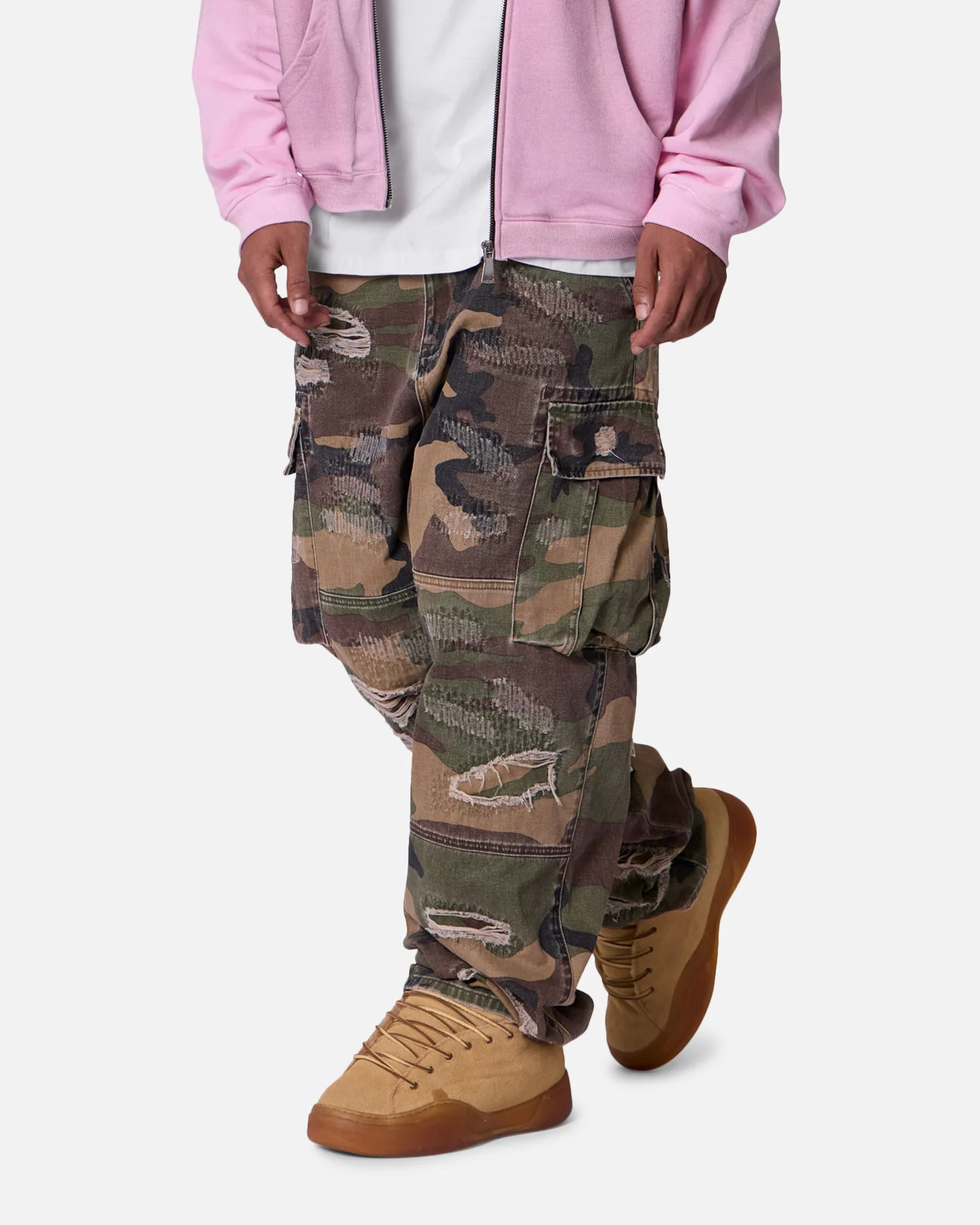 MNML Ultra Baggy Distressed Cargo Pants Woodland Camo - Image 5