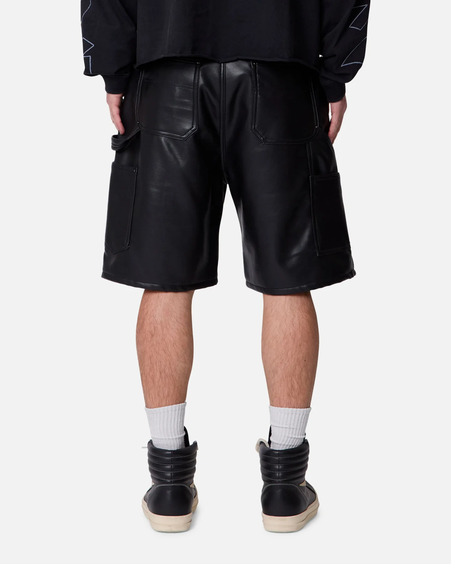 MNML Ultra Baggy Iron Cross Leather Shorts Black - Image 5