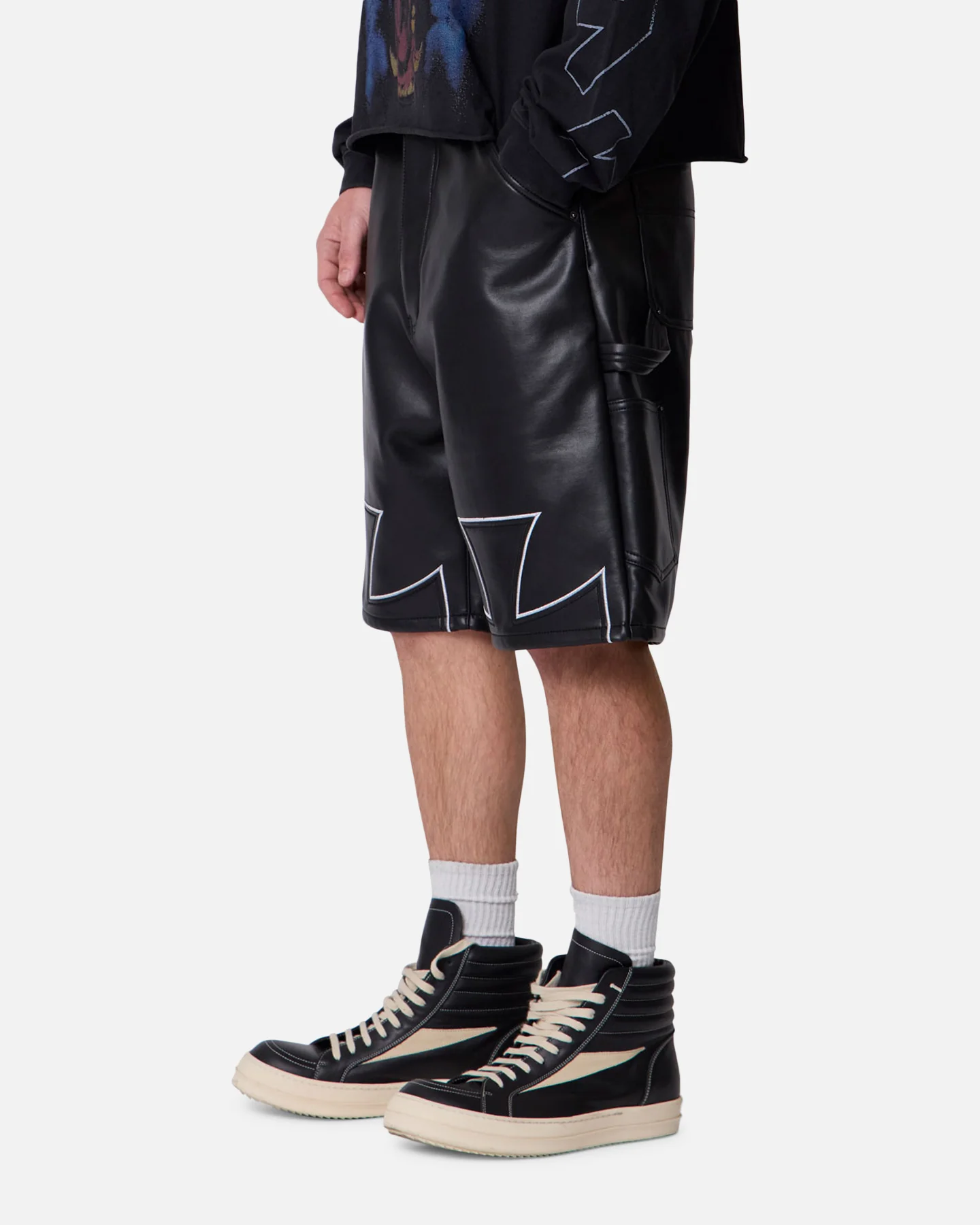 MNML Ultra Baggy Iron Cross Leather Shorts Black - Image 6