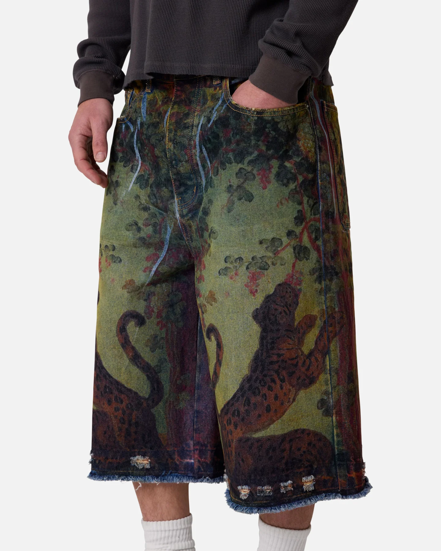 MNML Ultra Baggy Leopard Denim Shorts Multi - Image 6