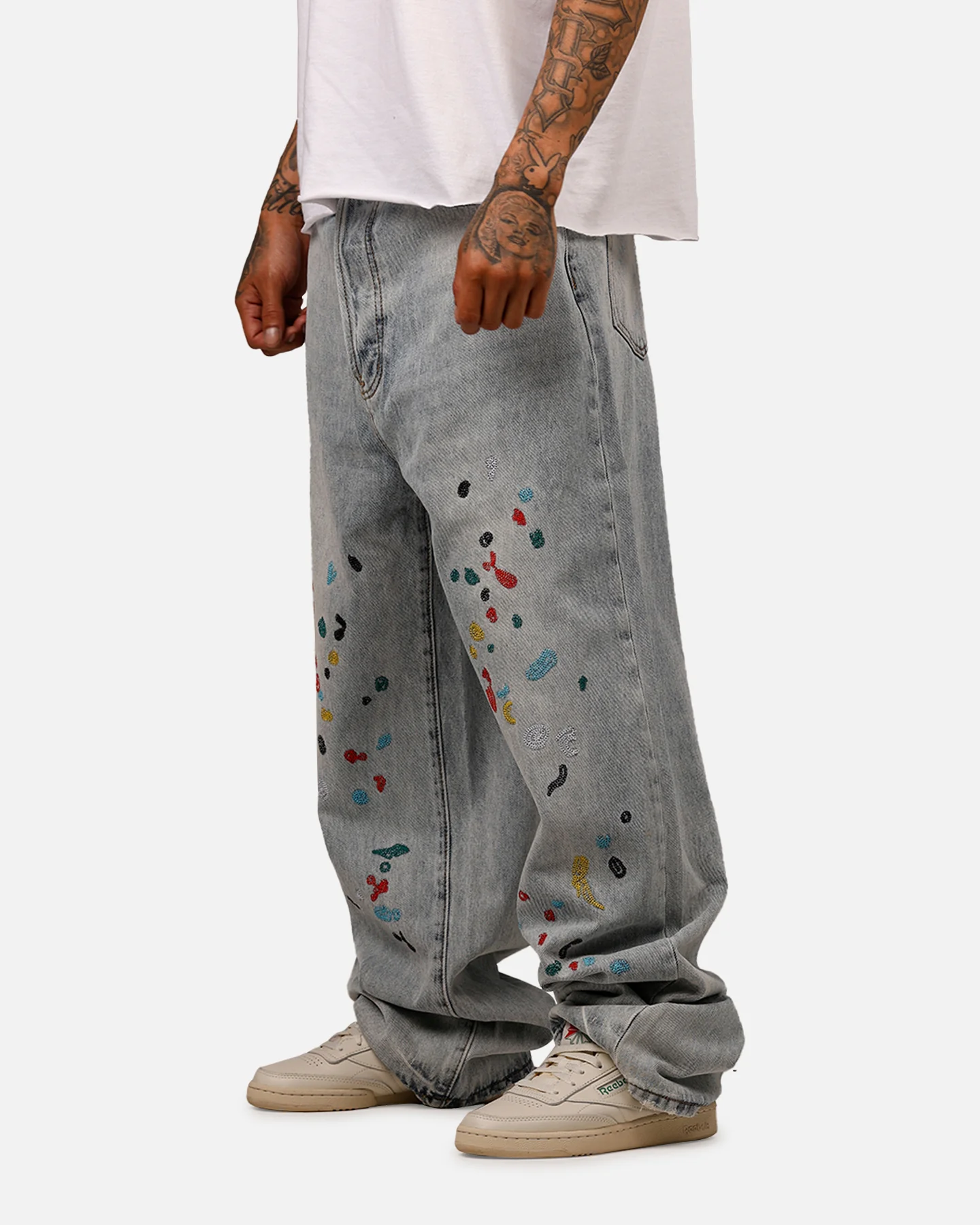 MNML Ultra Baggy Paint Splat Denim Jeans Light Blue - Image 4