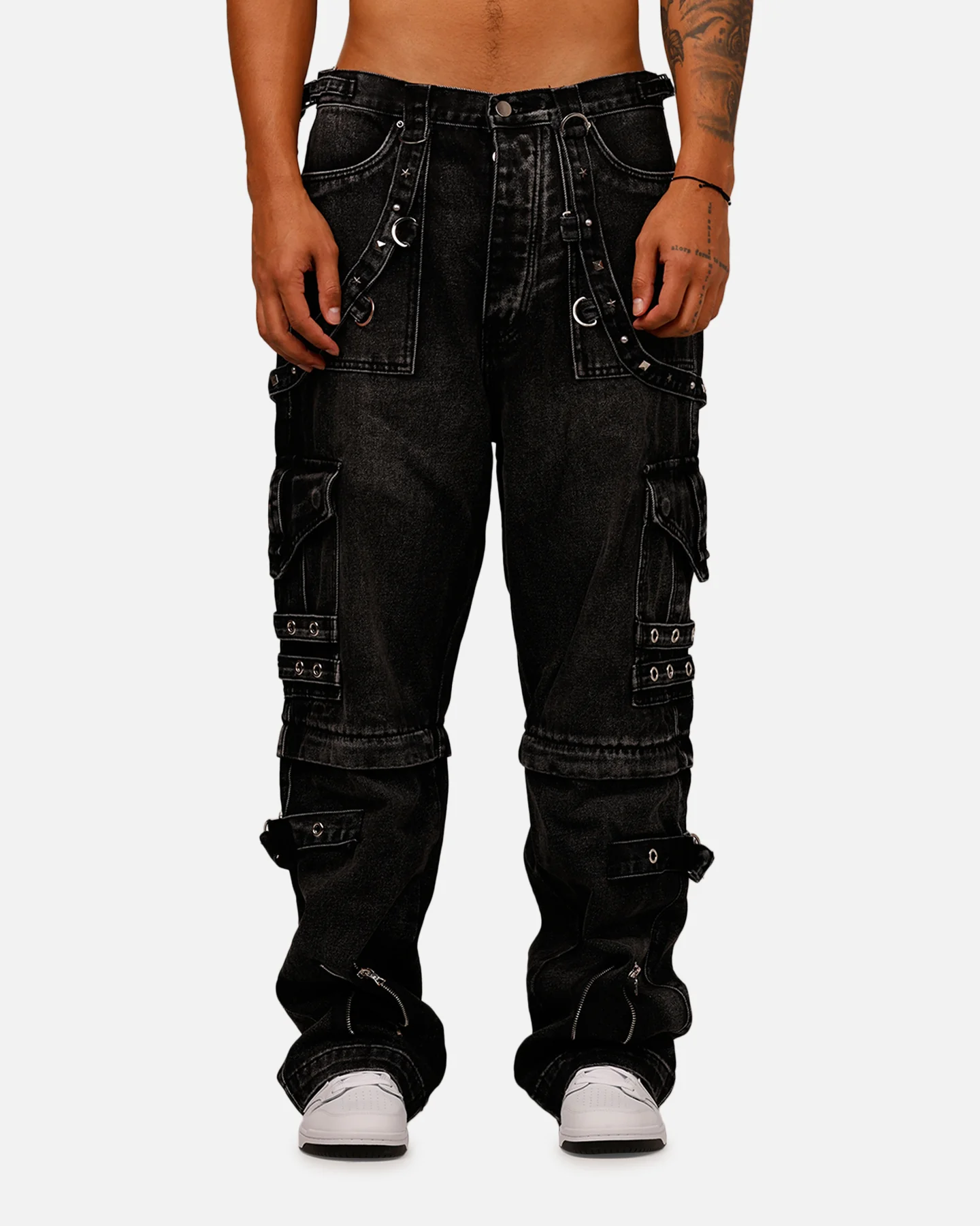 MNML Ultra Baggy Studd Cargo Denim Pants Black - Image 5