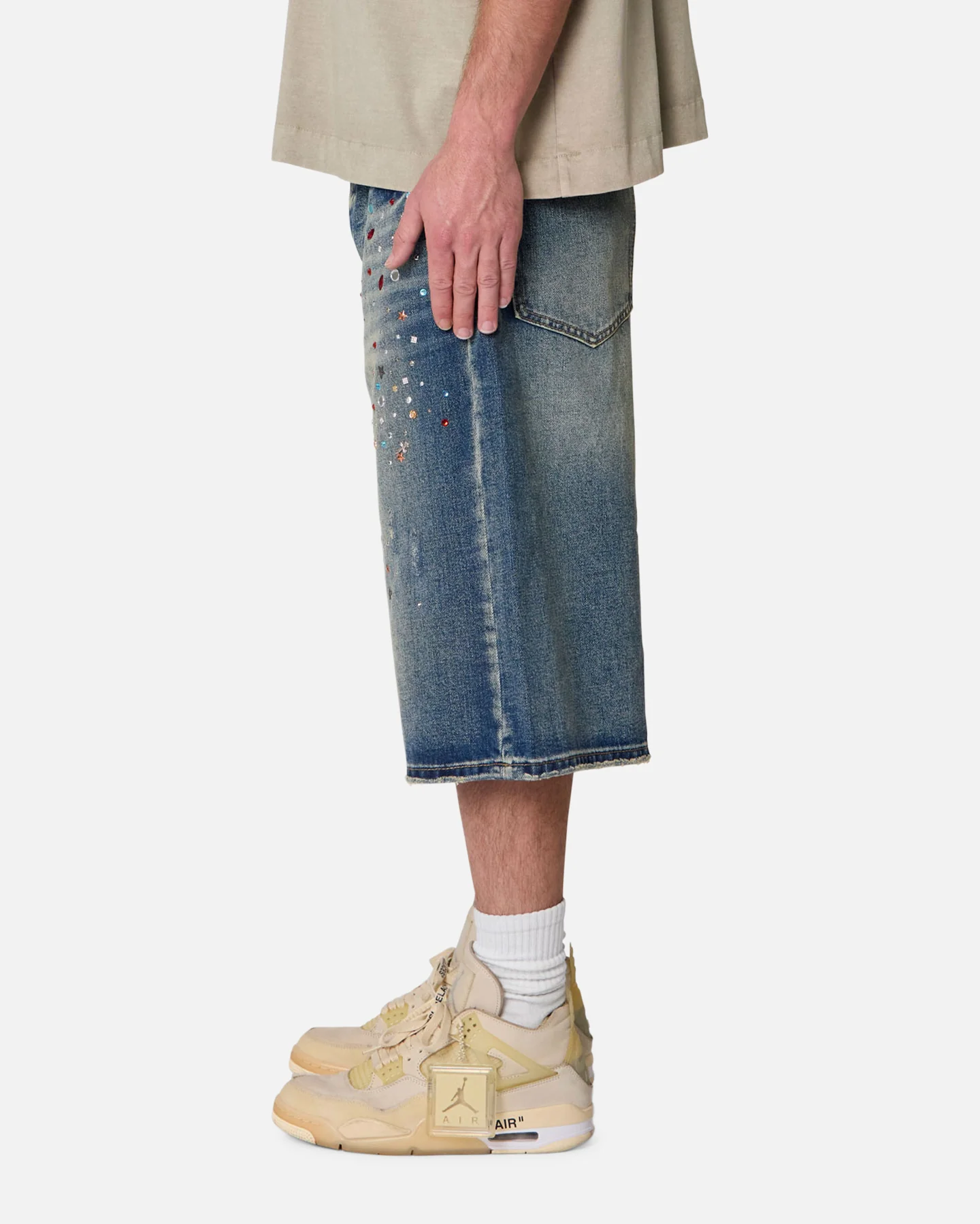 MNML Ultra Baggy Crystal Denim Shorts Blue - Image 3